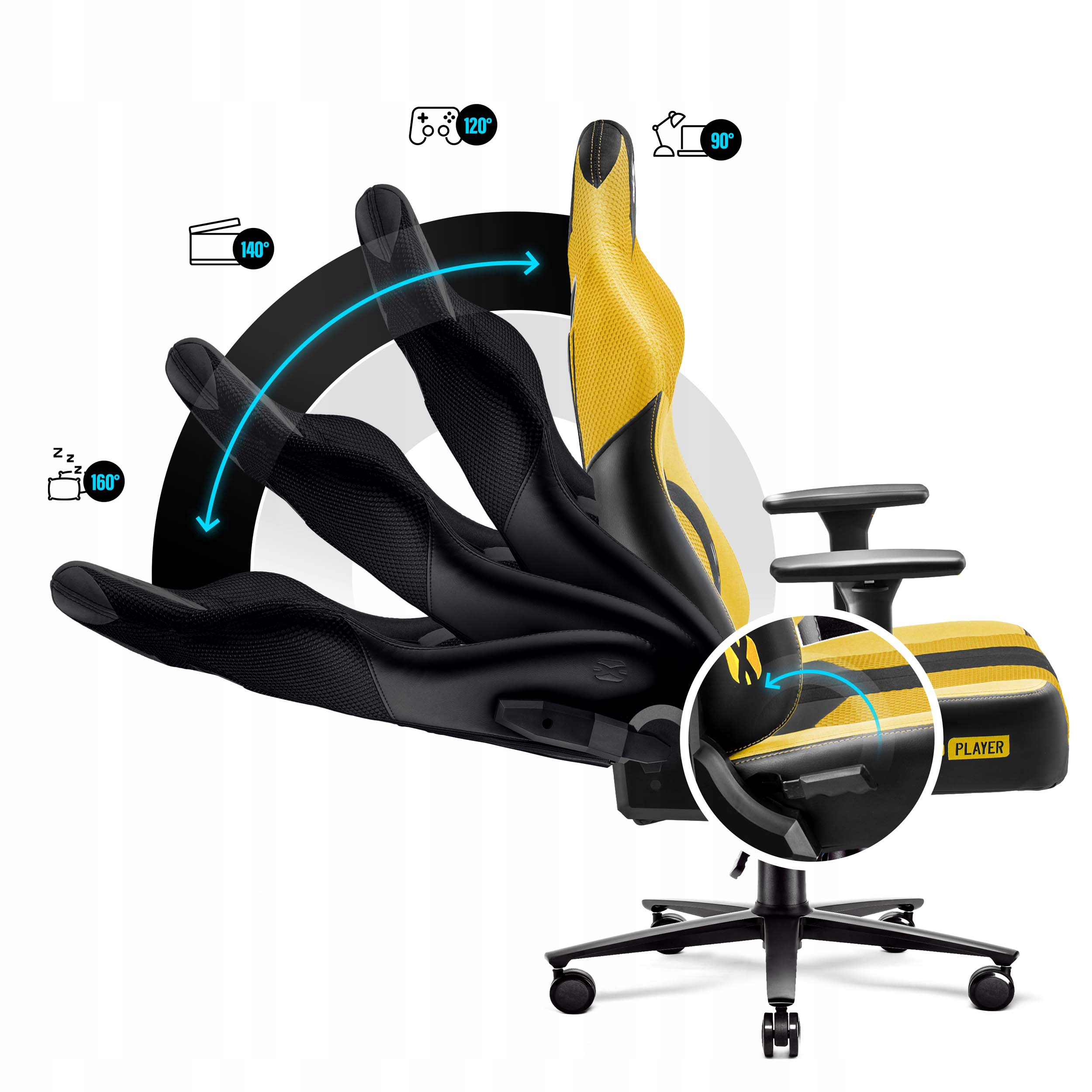 Krzesło do gier z czarno-żółtymi akcentami. Strzałki wskazują regulowane kąty oparcia. Krzesło ma etykietę gracza.