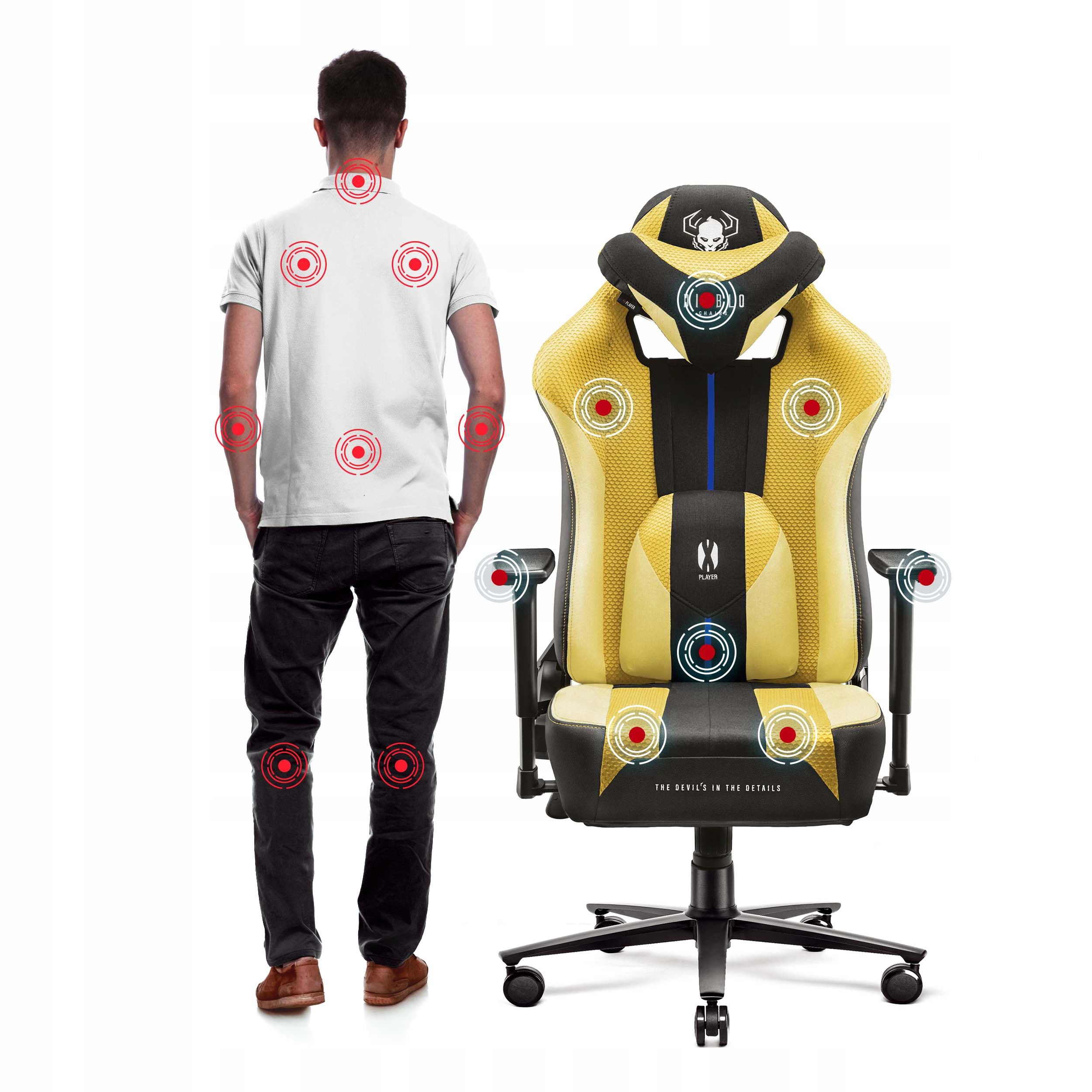 Mężczyzna stoi obok żółto-czarnego fotela gamingowego. Czerwone okręgi podkreślają punkty bólu ciała. Fotel ma logo czaszki.