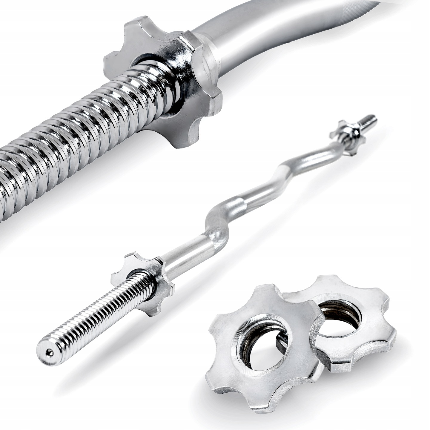 Pokazano chromowany drążek do podnoszenia ciężarów. Części drążka i niektóre mocowania obciążników są wyświetlane na białym tle.