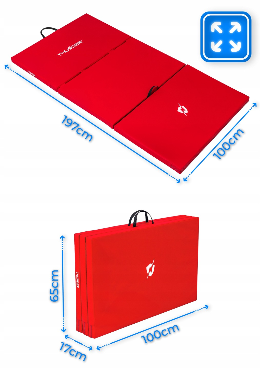 Czerwona składana mata do ćwiczeń. Rozłożona ma wymiary 197cm x 100cm. Złożona ma 100cm x 65cm x 17cm z uchwytem.