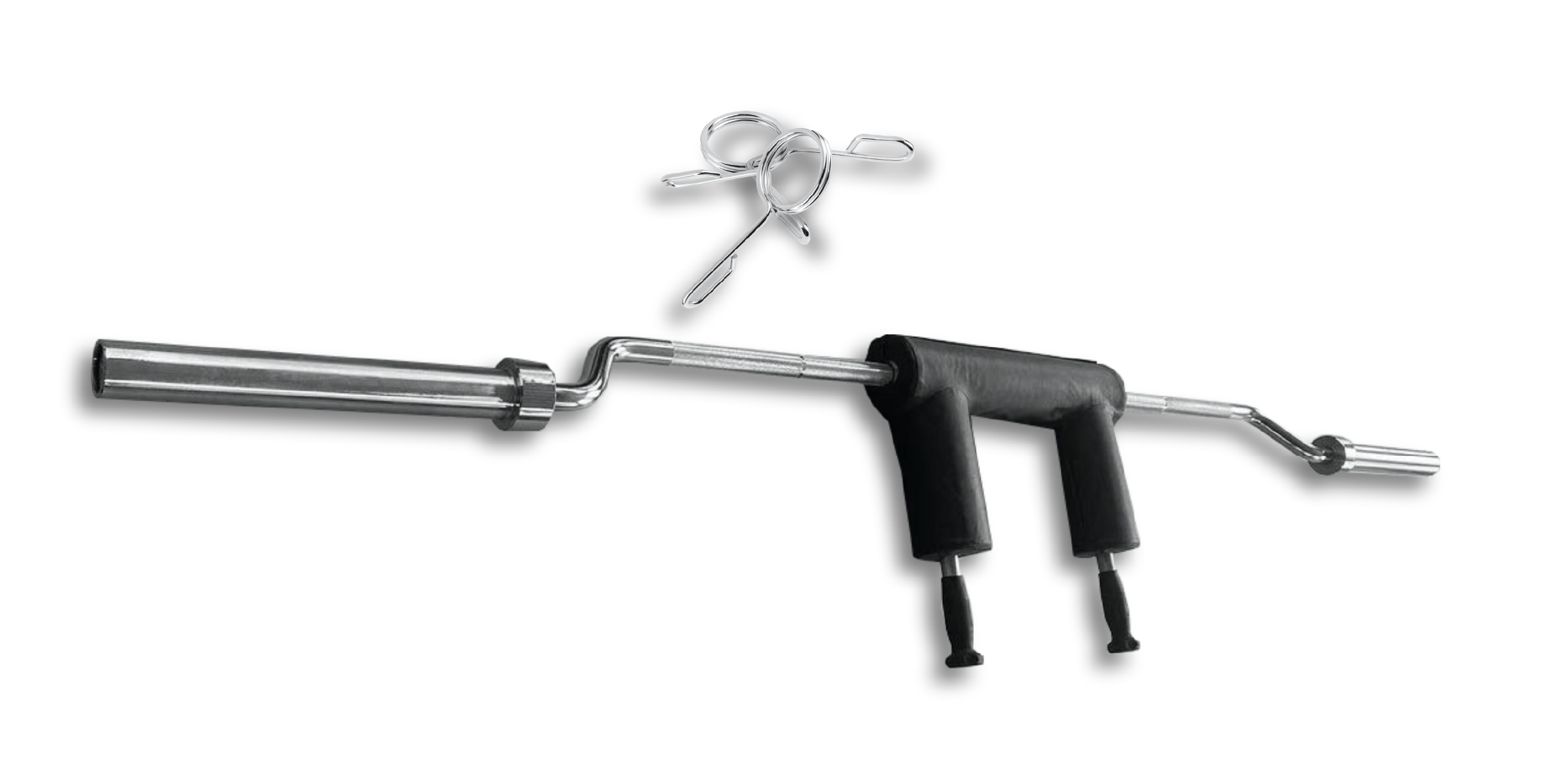 Sztanga kątowa z czarną wyściółką i dwoma uchwytami oraz srebrnym klipsem sprężynowym, wszystko na białym tle.