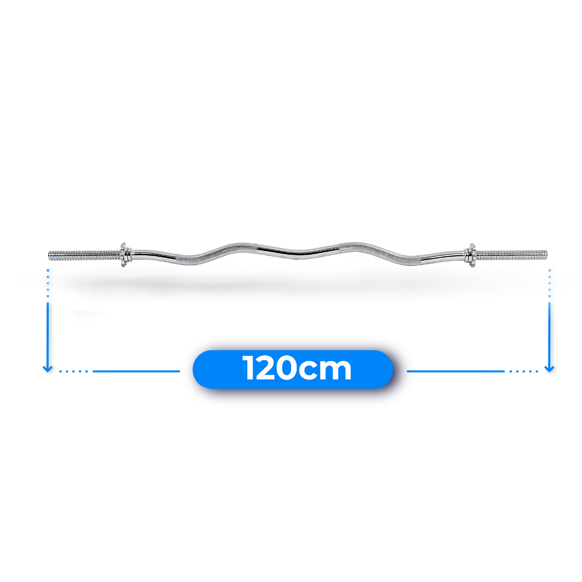 Chromowany drążek do podnoszenia ciężarów, o długości 120 cm, na białym tle. Niebieska etykieta wskazuje długość. Strzałki wskazują na drążek.