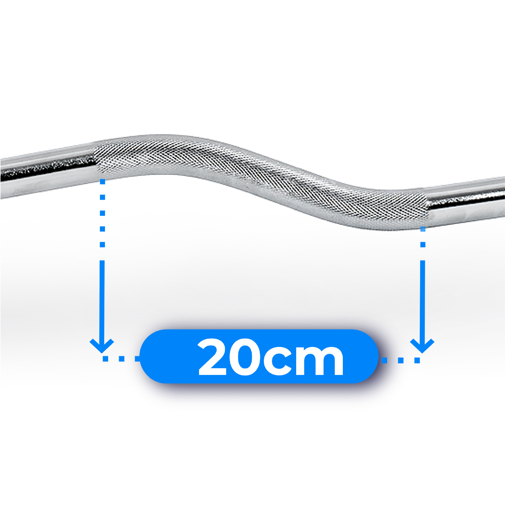 Chromowany sztanga z teksturowanym obszarem chwytu. Niebieska etykieta wskazuje pomiar 20 cm ze strzałkami.