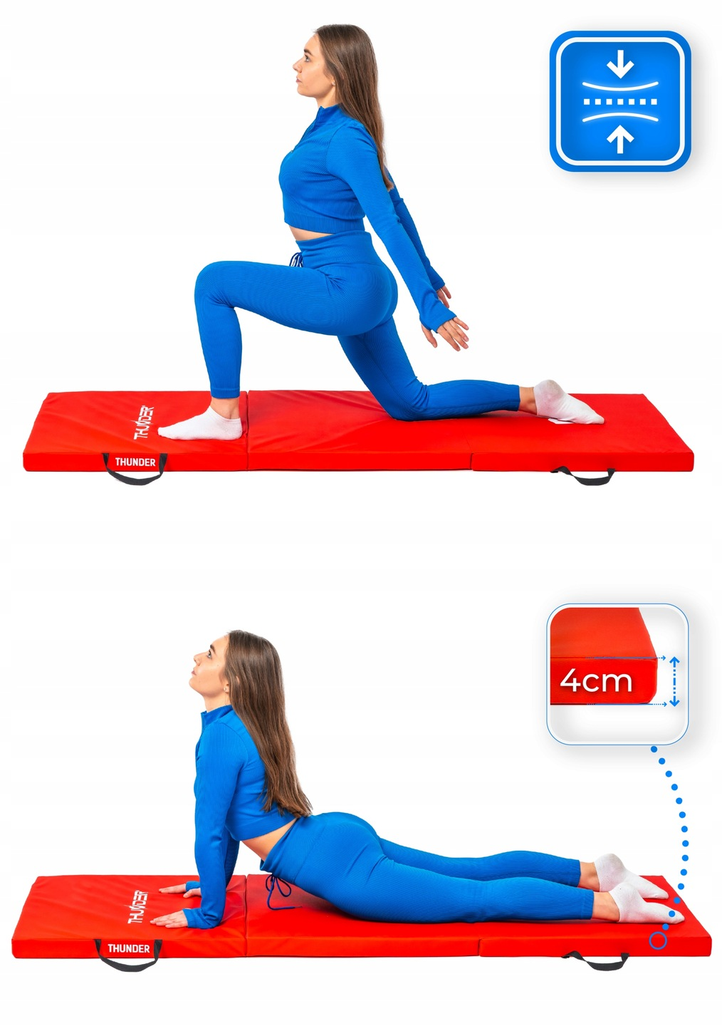 Kobieta w niebieskim stroju sportowym uprawia jogę na czerwonej macie. Na jednym zdjęciu widać wykrok, na drugim wygięcie do tyłu.