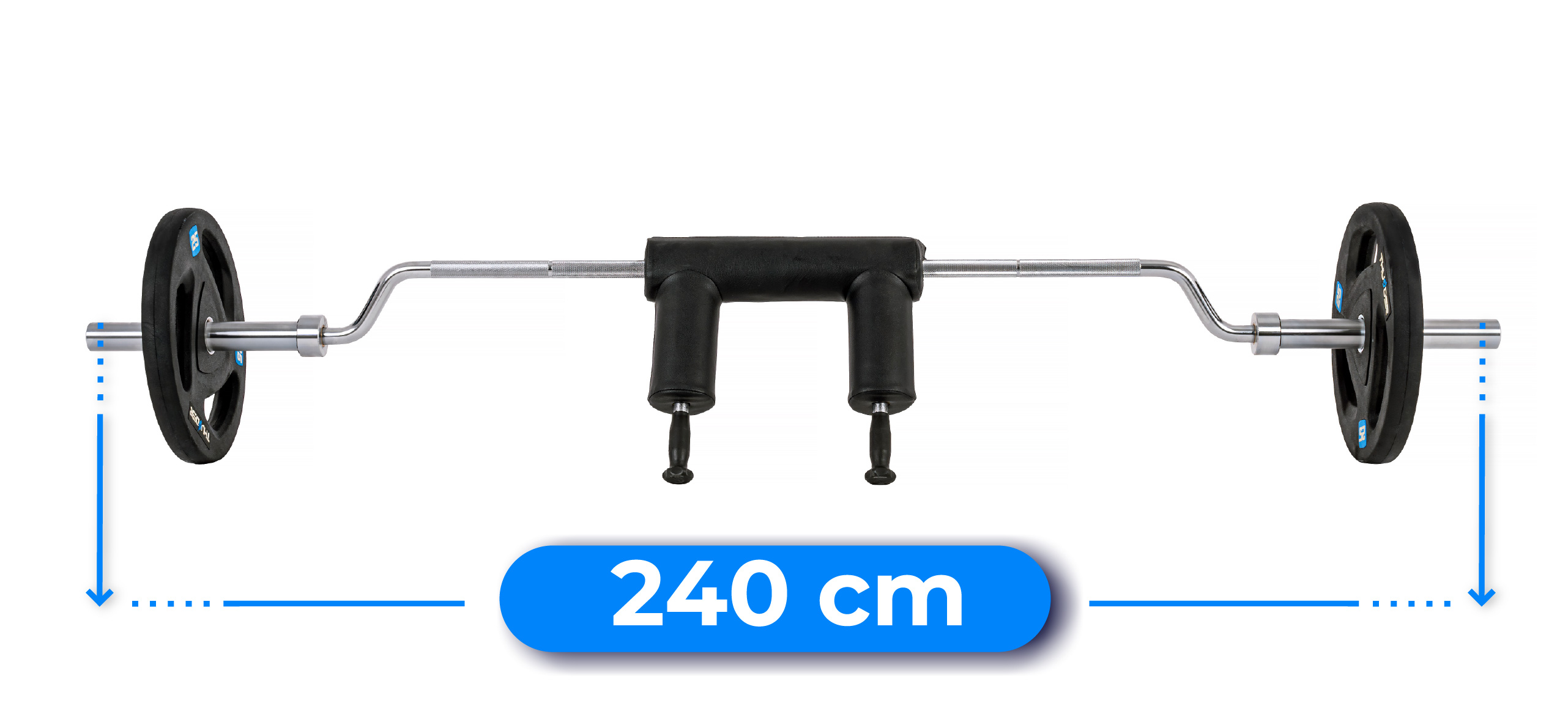 Sztanga z talerzami obciążeniowymi na każdym końcu. Widoczny jest pomiar 240 cm. Sztanga ma czarną podkładkę pośrodku.