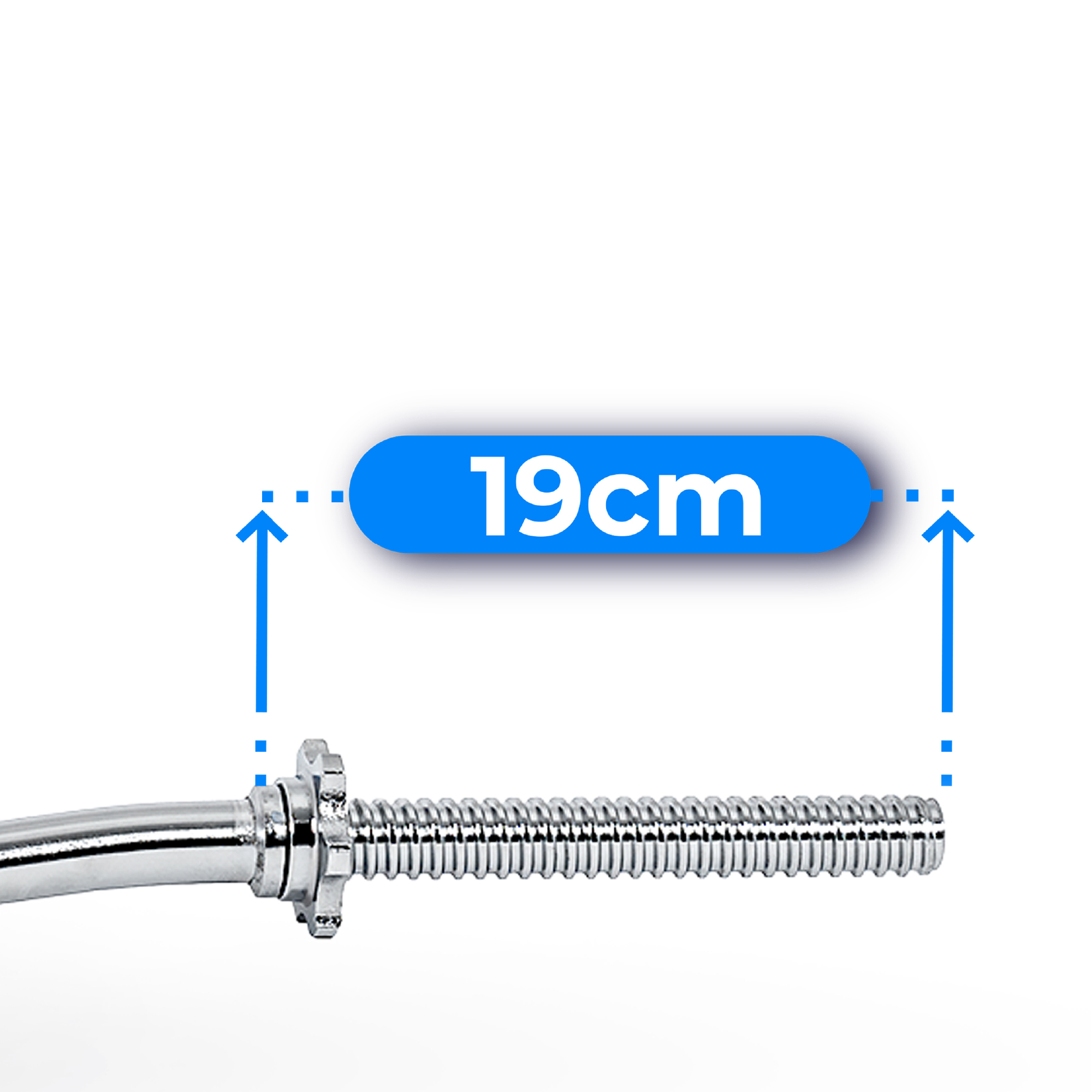 Zakrzywiona sztanga z gwintowanym uchwytem i niebieską etykietą wskazującą wymiar 19 cm.