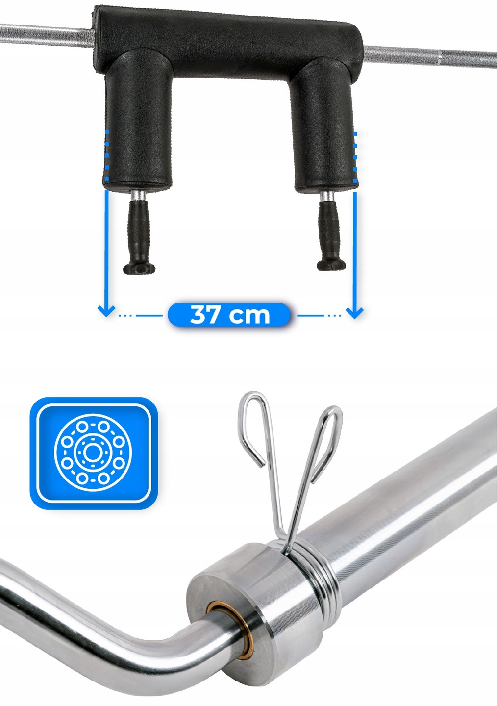 Czarna poduszka na sztangę z pomiarem 37 cm oraz srebrna sztanga z klipsami i niebieską ikoną talerzy obciążeniowych.
