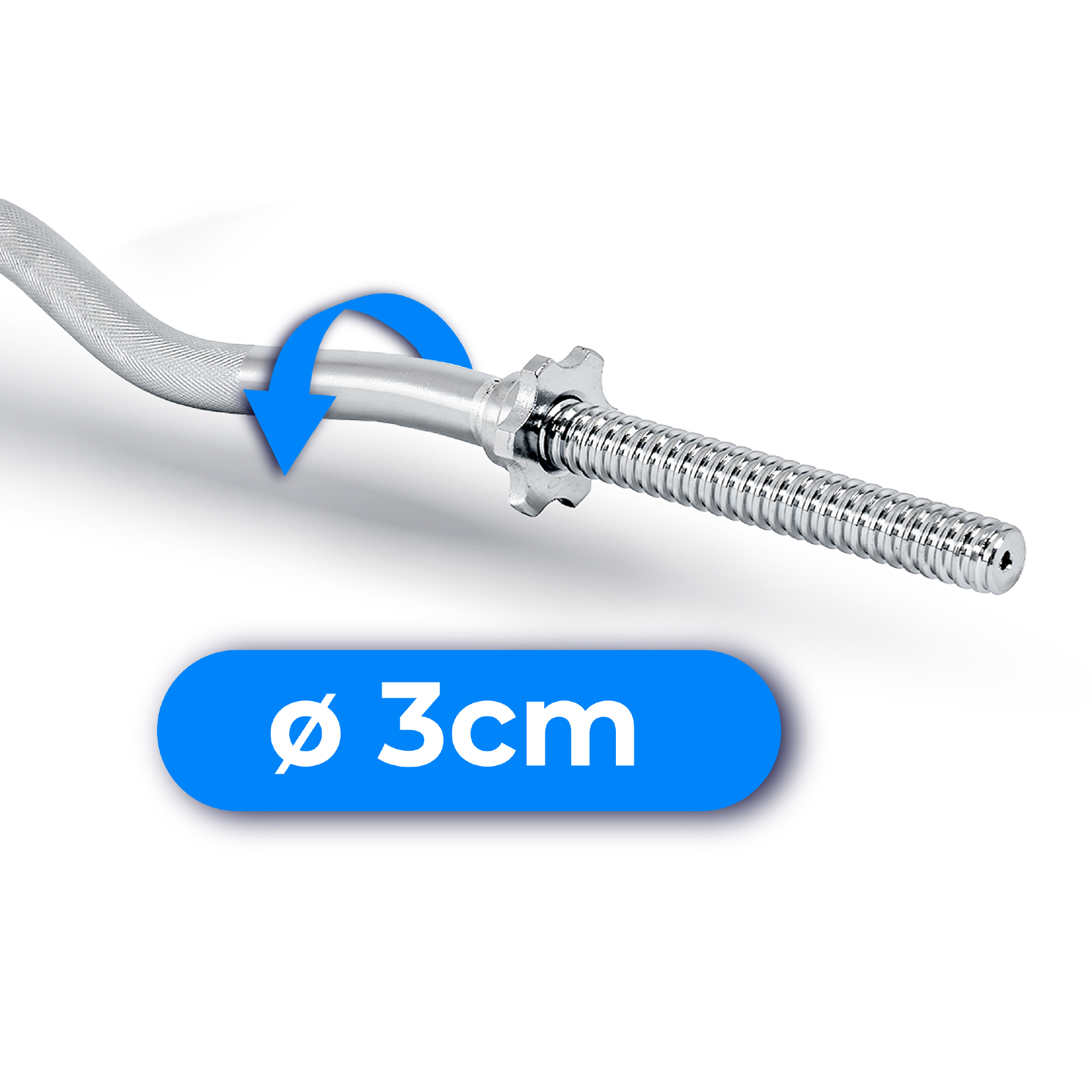 Srebrna sztanga z niebieską strzałką i niebieskim prostokątem z tekstem 'ø 3cm' na białym tle.