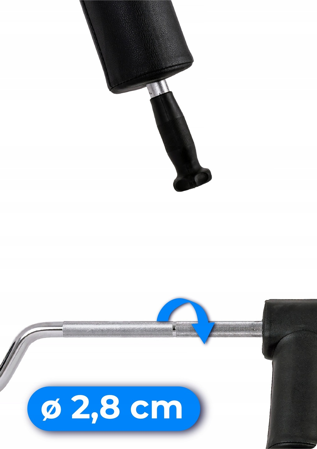 Zbliżenie sprzętu fitness. Ma czarny uchwyt. Średnica wynosi 2,8 cm. Jest niebieska strzałka wskazująca na uchwyt.