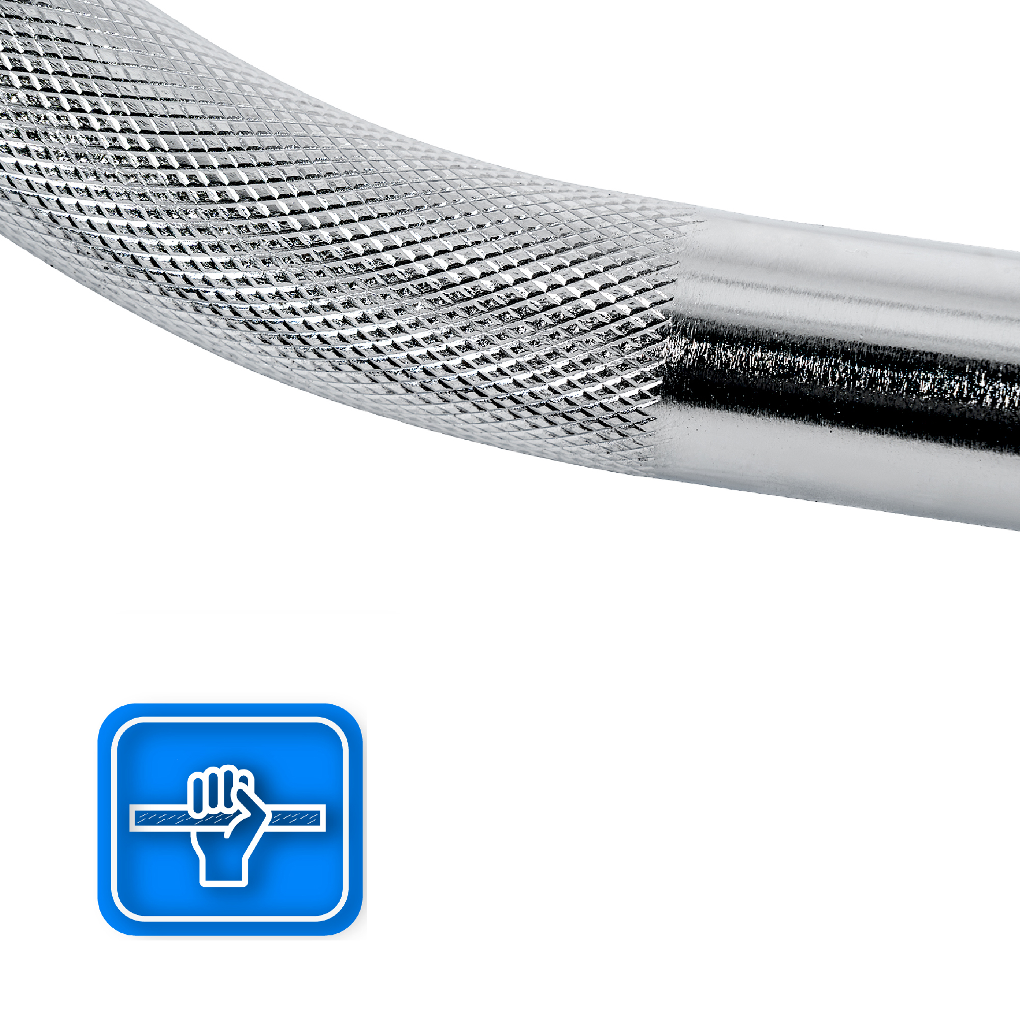 Zbliżenie chromowanego uchwytu sztangi. Uchwyt ma teksturowany uchwyt. Niebieski kwadrat z dłonią trzymającą drążek.