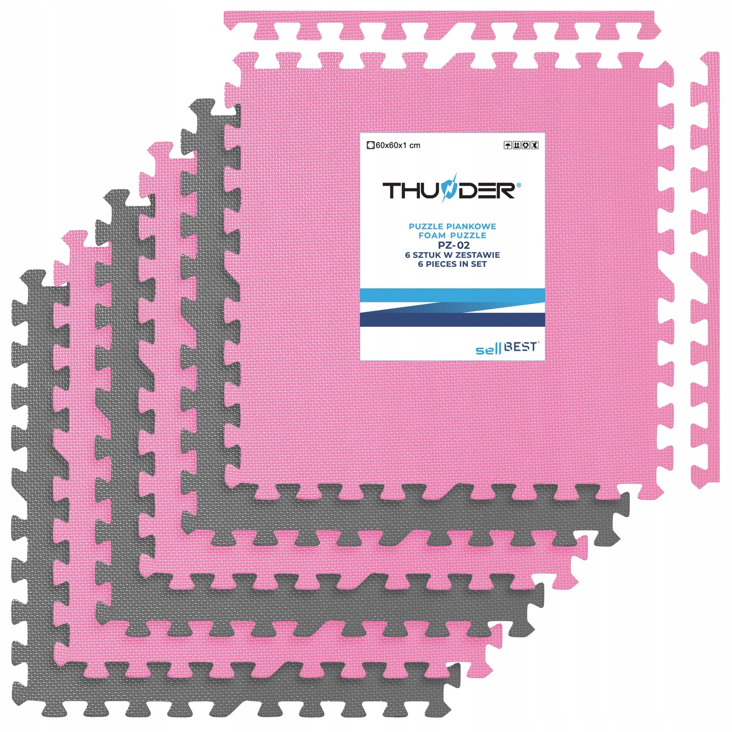 Różowe i szare maty do puzzli piankowych, sześć sztuk w zestawie, z białymi obramowaniami. Etykieta produktu brzmi 'THUNDER'.