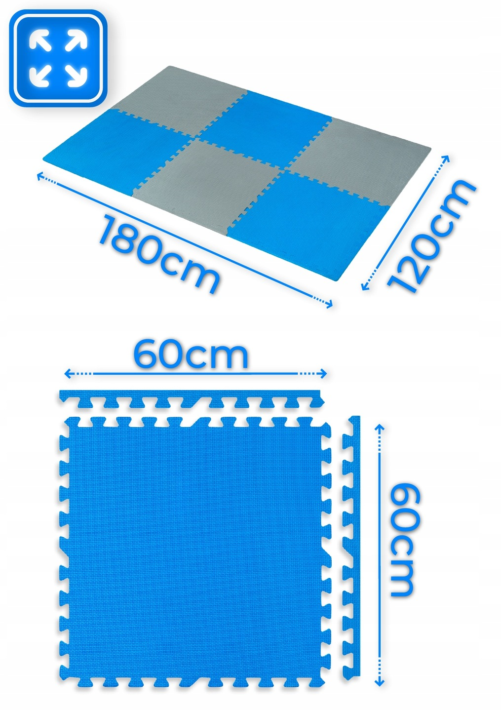 Niebieskie i szare maty do zabawy z puzzlami. Wymiary: 180 cm x 120 cm. Pojedyncza mata: 60 cm x 60 cm. Wymiary są wyraźnie zaznaczone na zdjęciu.