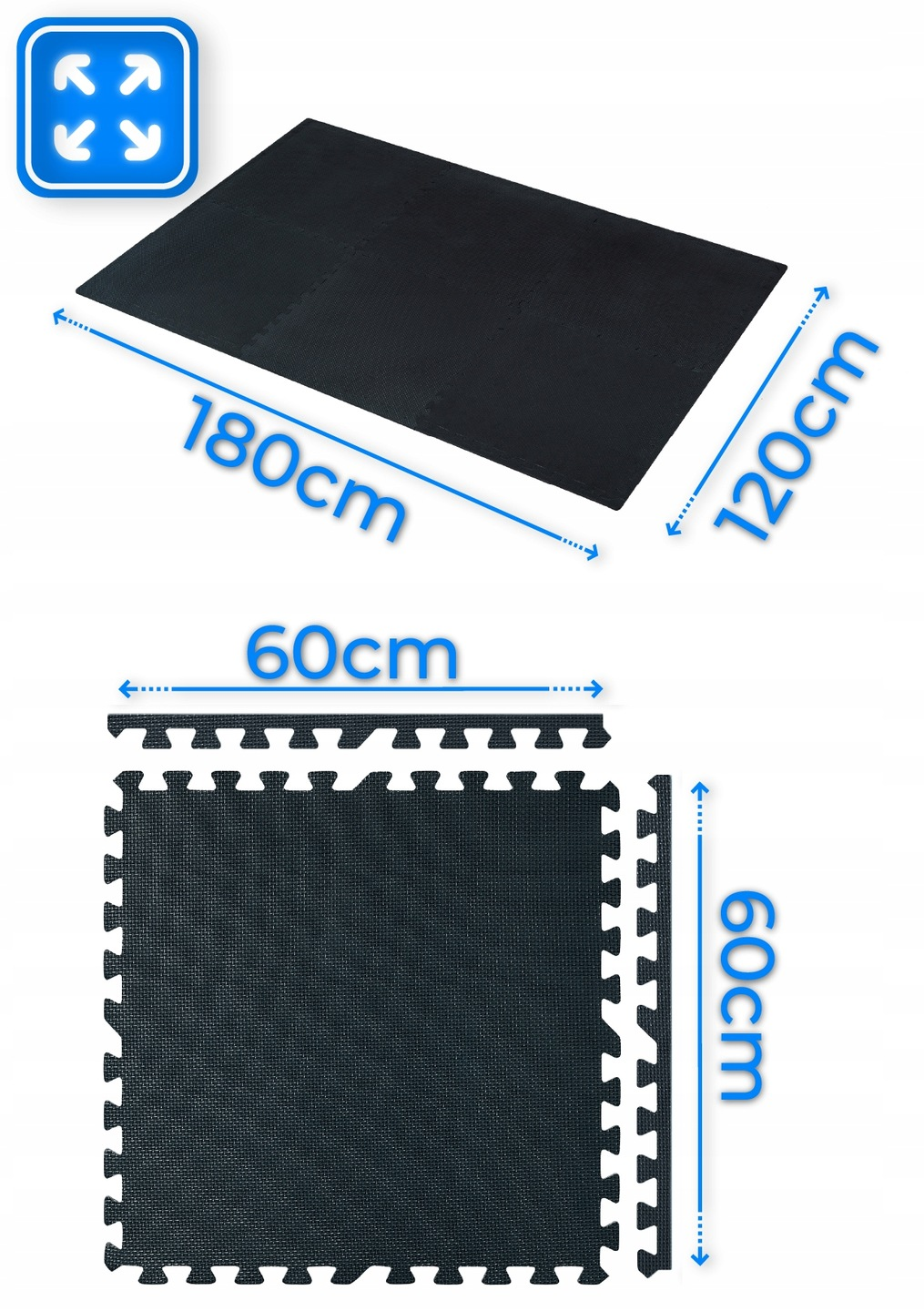 Dwie czarne, zazębiające się maty piankowe. Większa ma wymiary 180 cm na 120 cm. Mniejsza ma wymiary 60 cm na 60 cm. Obecne są etykiety pomiarowe.