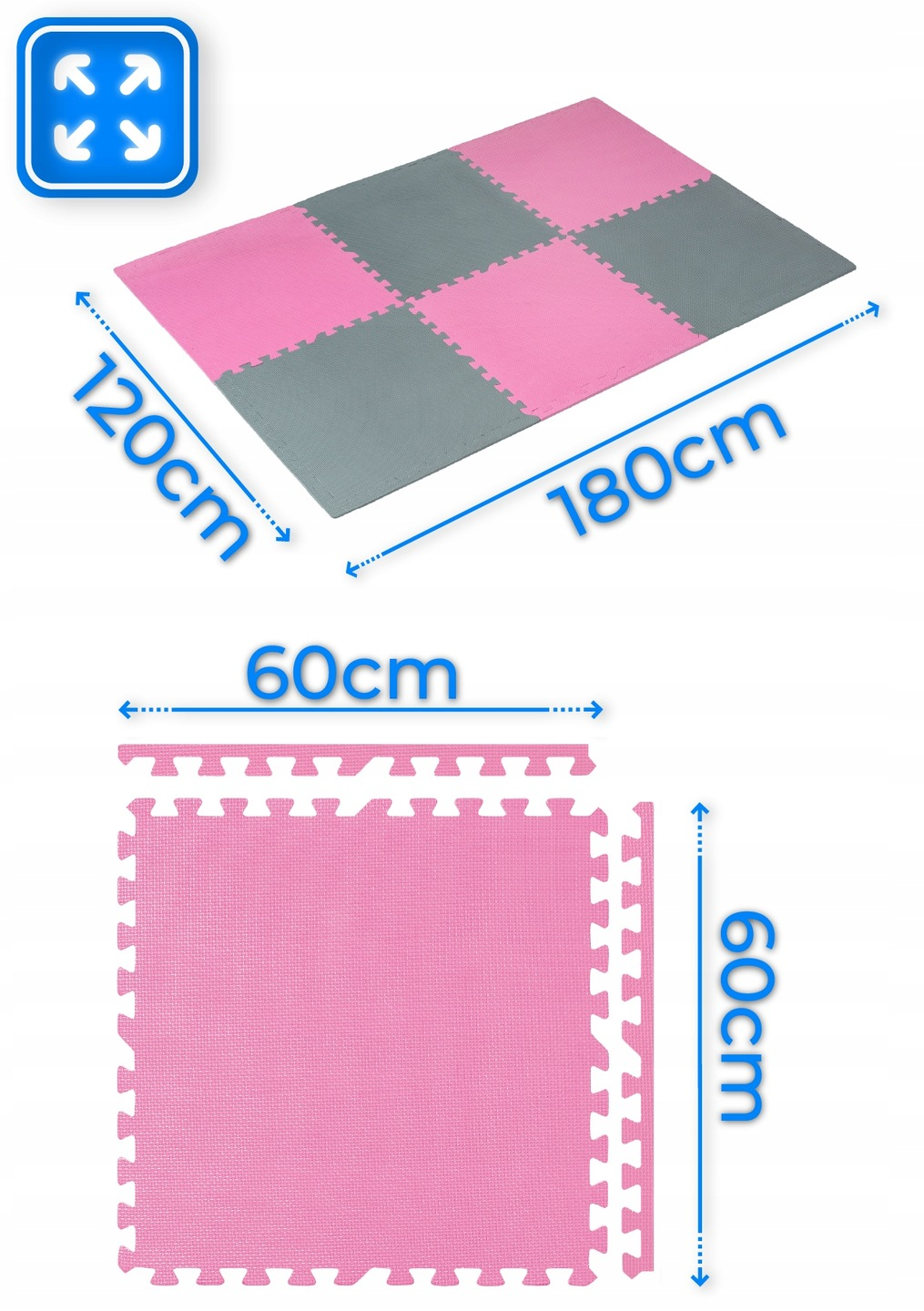 Różowe i szare, zazębiające się maty piankowe do zabawy. Wymiary: 120 cm x 180 cm i pojedyncza mata 60 cm x 60 cm.