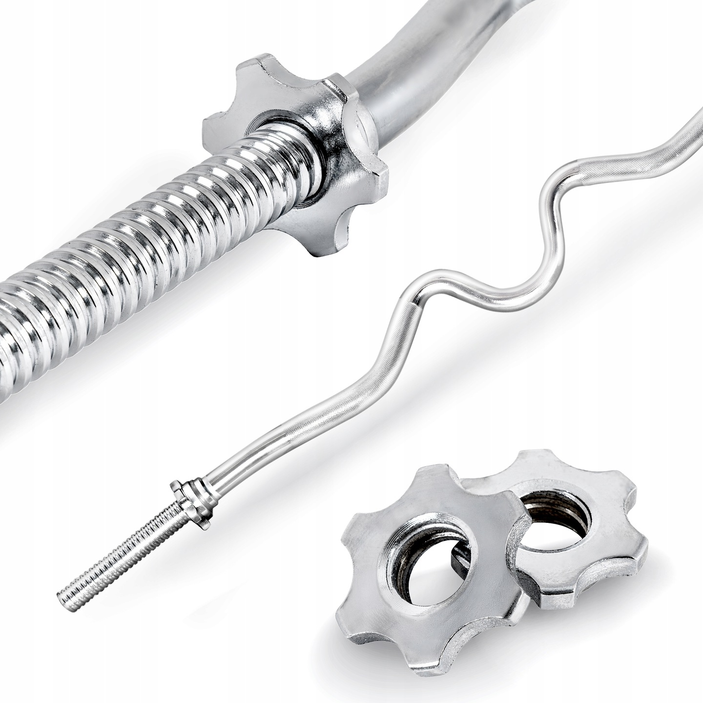 Srebrny gryf EZ curl z obciążeniami i teksturowanym uchwytem. Gryf na białym tle. Widoczne są dwa obciążenia.