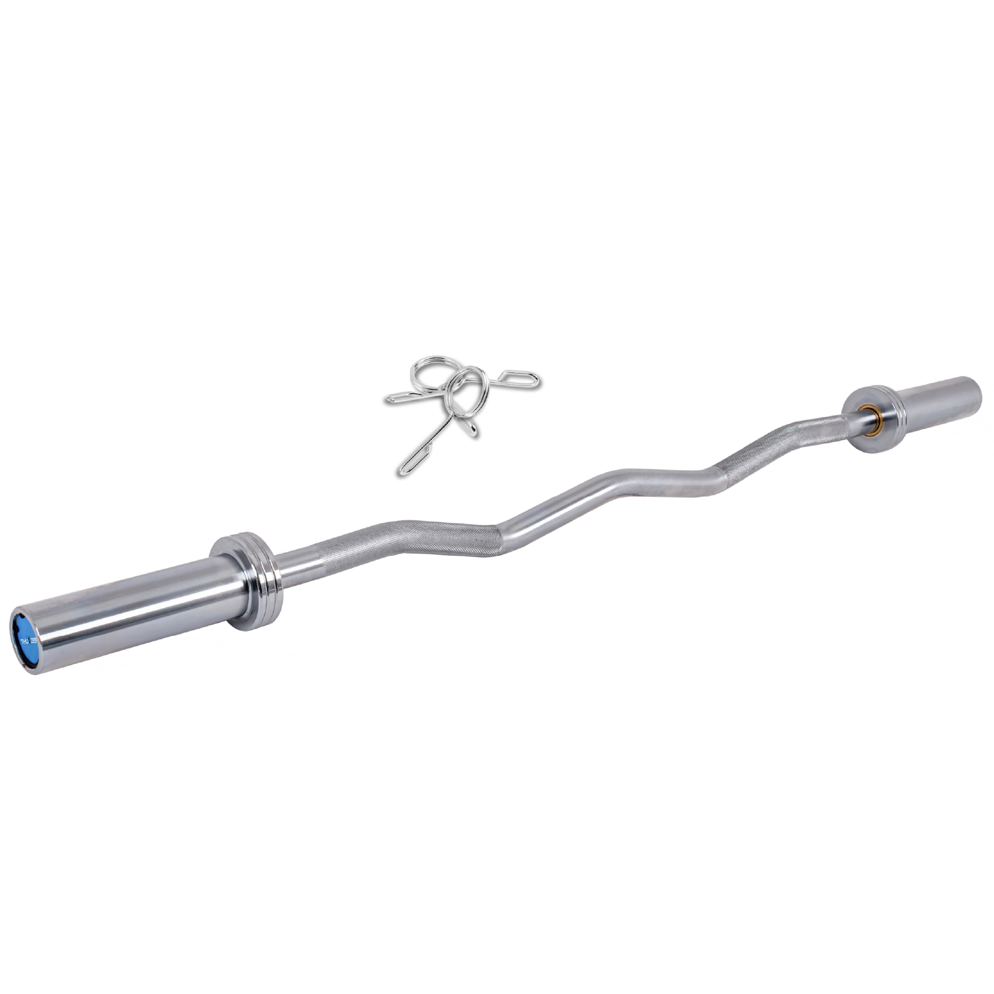 Srebrna sztanga z dwoma klipsami sprężynowymi na białym tle. Drążek jest zakrzywiony. Końce mają niebieskie i srebrne detale.