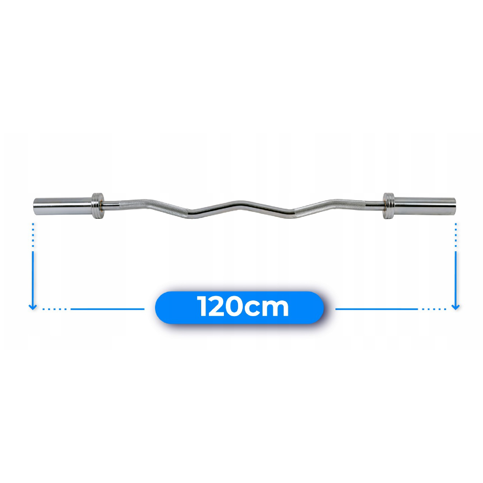 Pokazana jest sztanga do podnoszenia EZ curl o długości 120 cm. Sztanga jest srebrna i ma falisty kształt. Strzałki wskazują wymiar 120 cm.