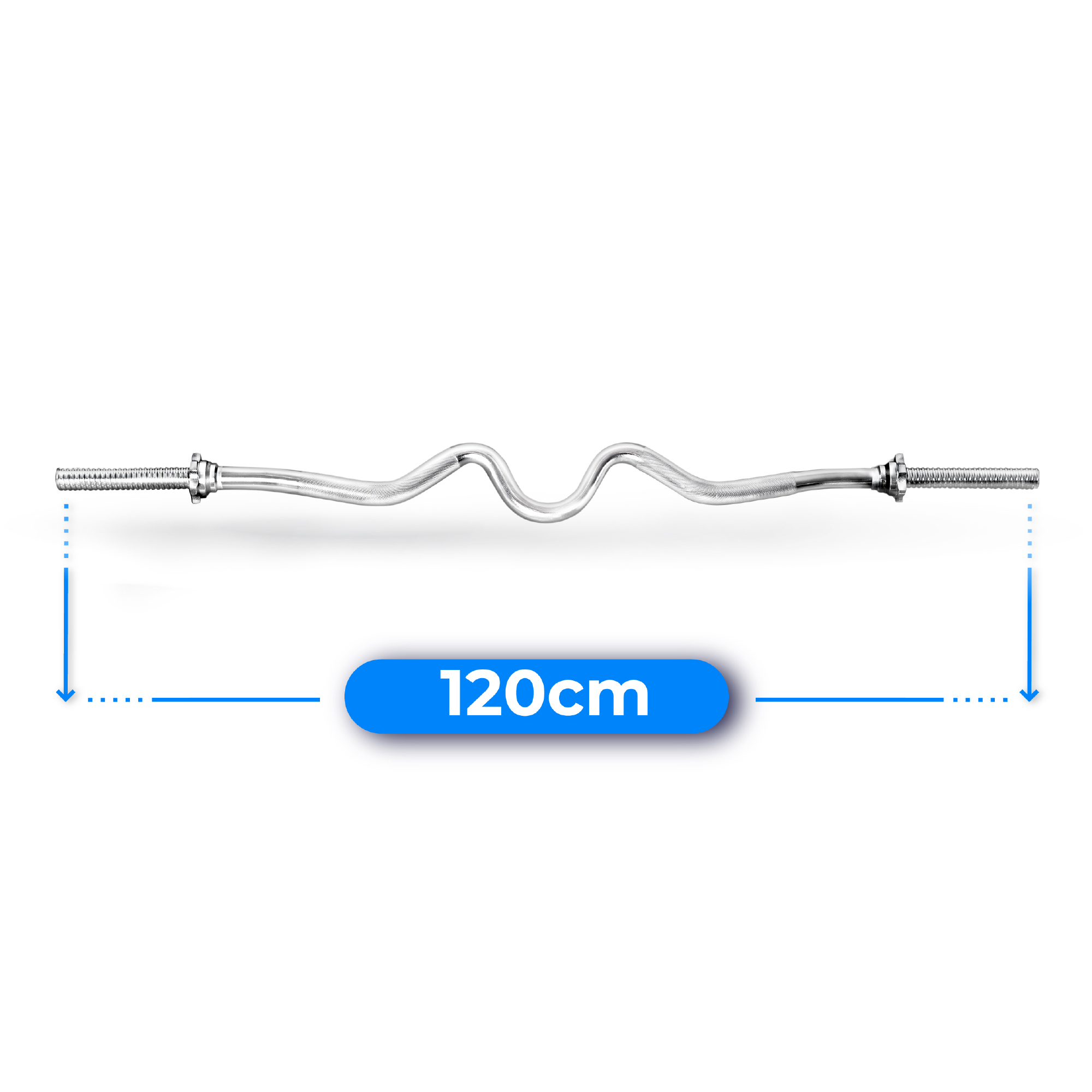 Srebrny gryf do ćwiczeń. Niebieska linia ze strzałkami wskazuje jego długość 120 cm. Tło jest białe.