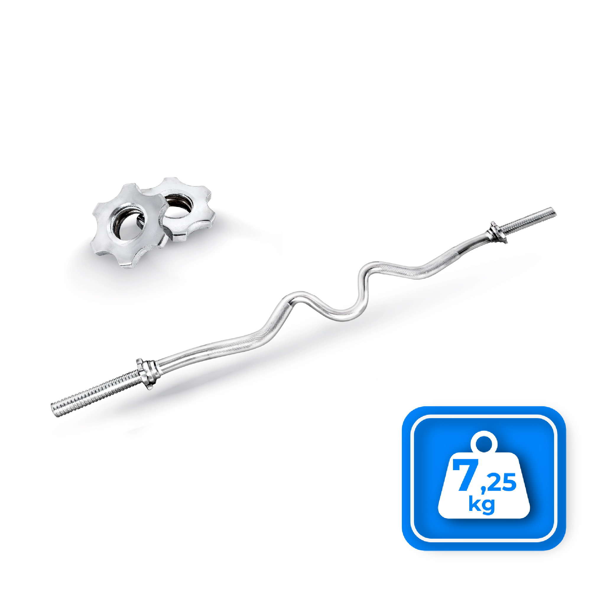 Chromowany drążek EZ curl z dwoma ciężarkami i ikoną wagi pokazującą 7,25 kg na białym tle.