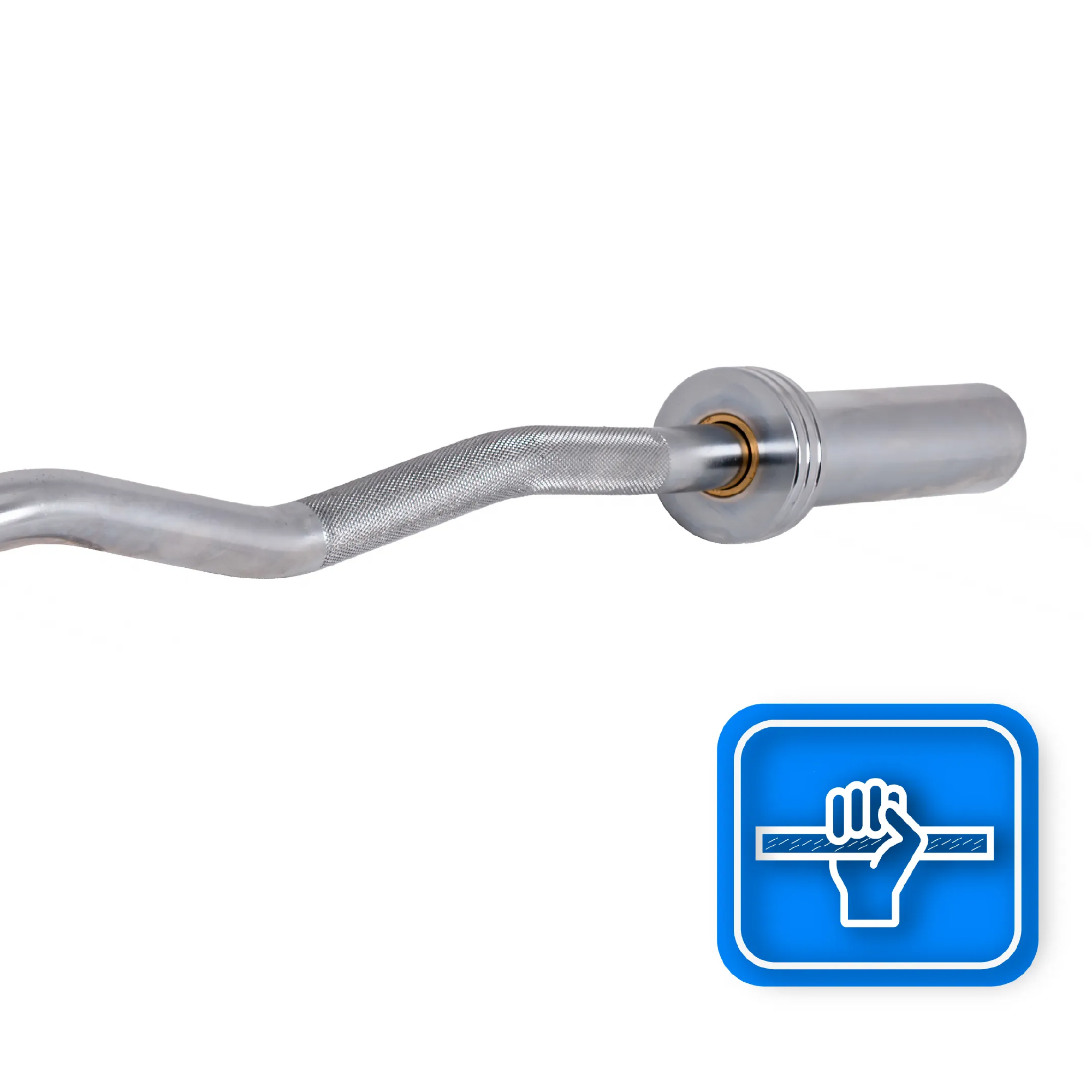 Chromowany gryf EZ curl z teksturowanym uchwytem. Niebieska kwadratowa ikona z białą dłonią trzymającą sztangę jest w rogu.