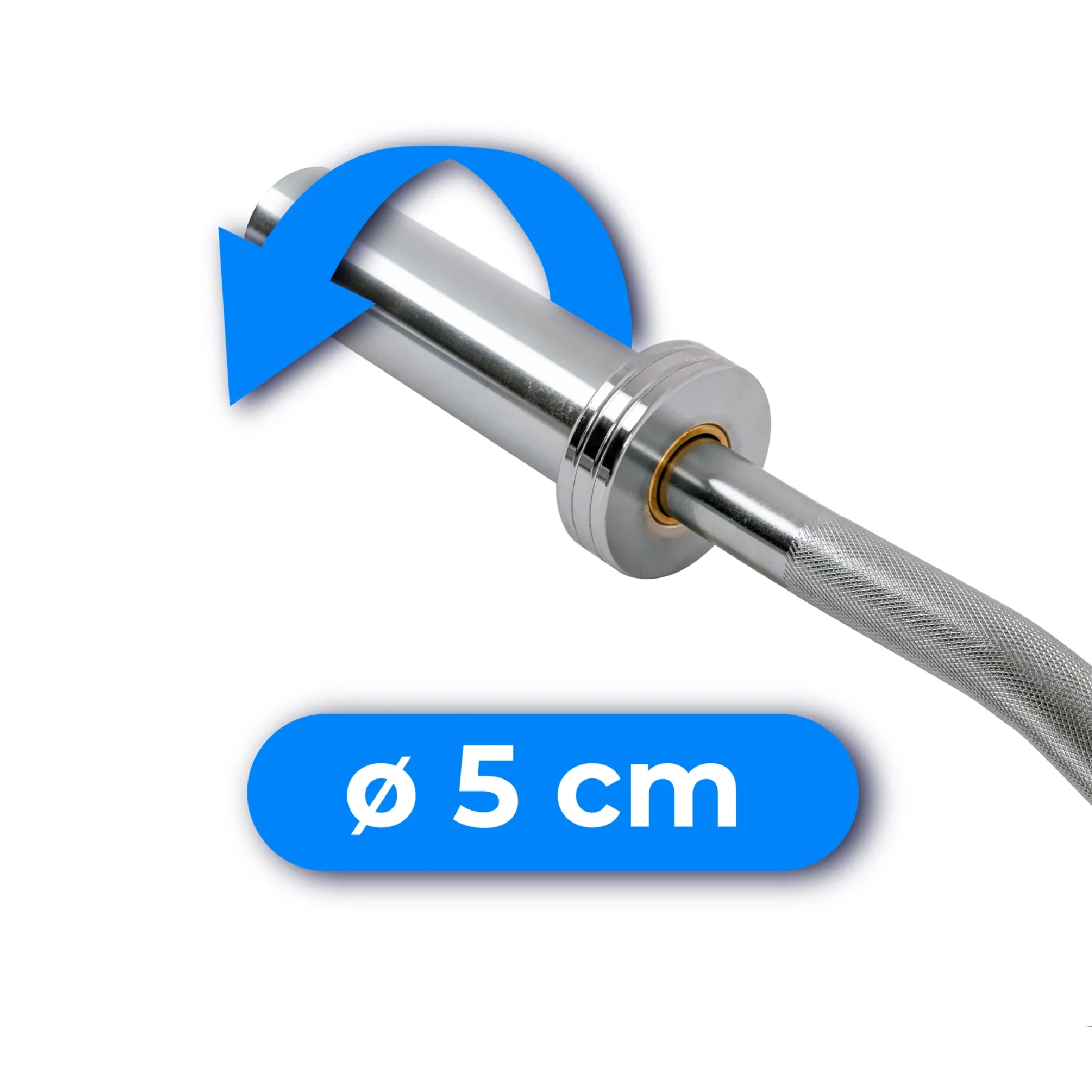 Srebrna sztanga z niebieską strzałką. Niebieski baner: ø 5 cm.