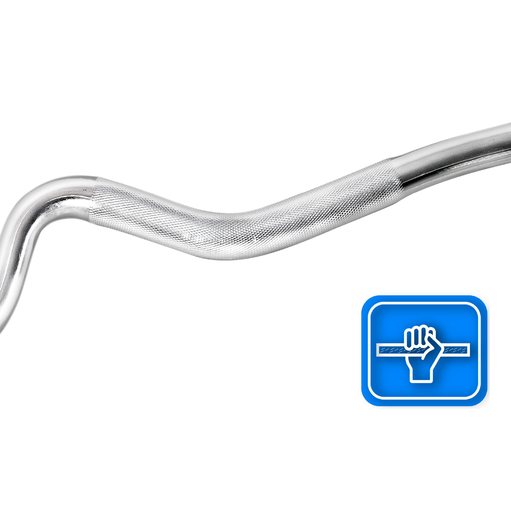 Srebrna, teksturowana sztanga. Niebieski kwadrat z dłonią trzymającą drążek jest w rogu.