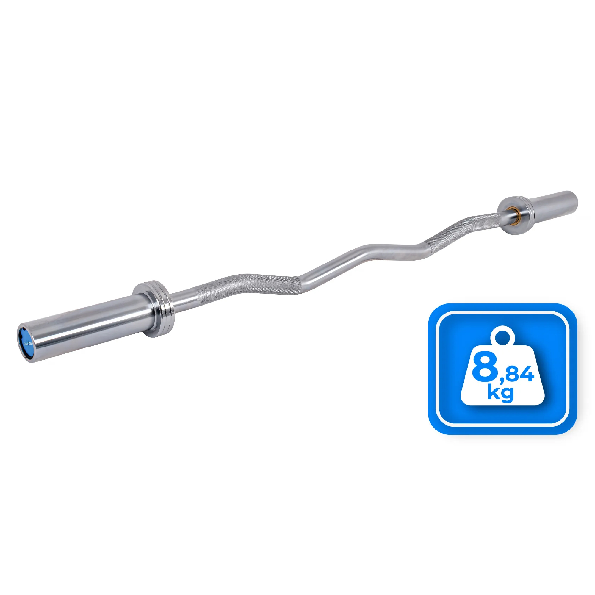 Srebrny gryf EZ curl z etykietą wagi 8,84 kg.