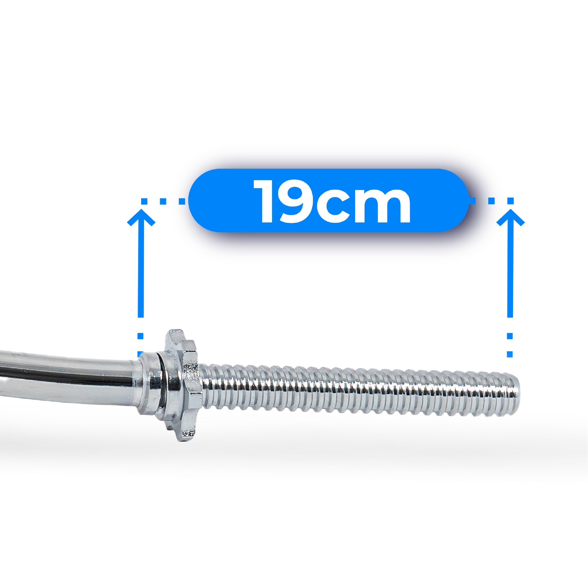 Zbliżenie pokazuje fragment sztangi. Sztanga ma radełkowany uchwyt, a niebieska etykieta wskazuje długość 19 cm.