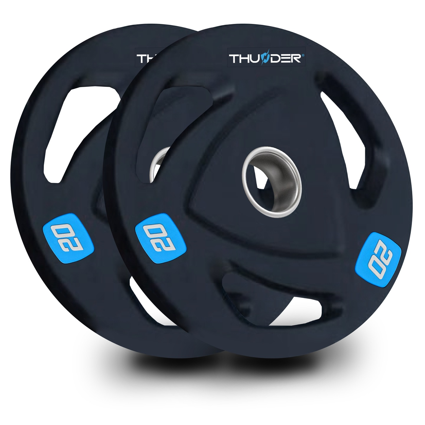 Dwa czarne talerze obciążeniowe z niebieskimi oznaczeniami 20. Talerze mają wycięcia na uchwyty i srebrny środek. Widoczne jest słowo 'THUNDER'.