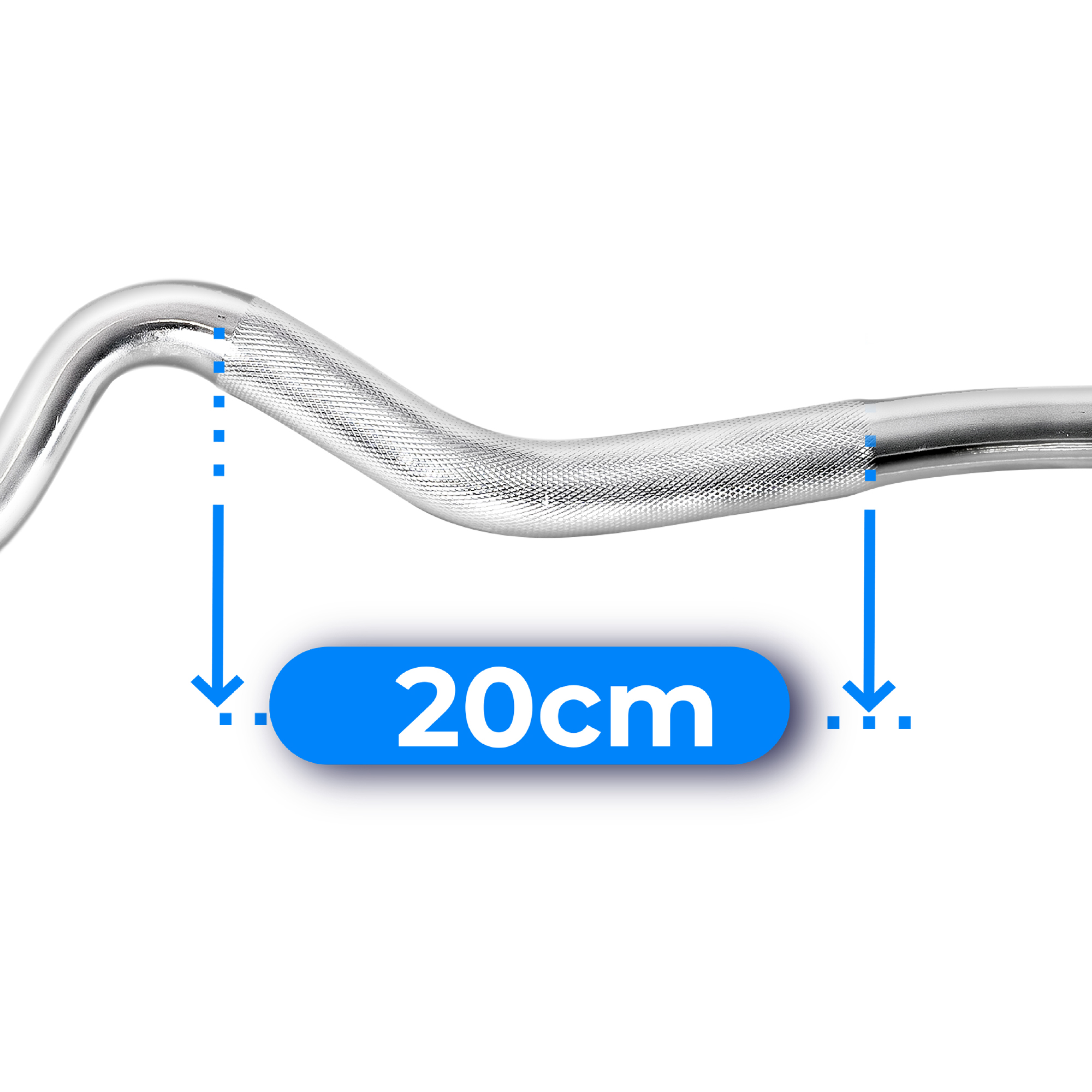 Srebrny drążek do podnoszenia ciężarów, z niebieskim prostokątem wskazującym 20 cm. Niebieskie strzałki z przerywanymi liniami wskazują na drążek.