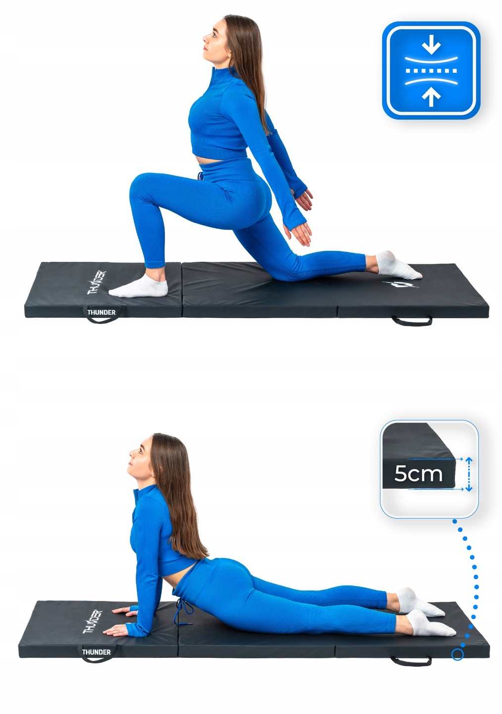 Kobieta w niebieskim stroju sportowym rozciąga się na czarnej macie. Mata znajduje się na białym tle. Kobieta wykonuje wykrok.