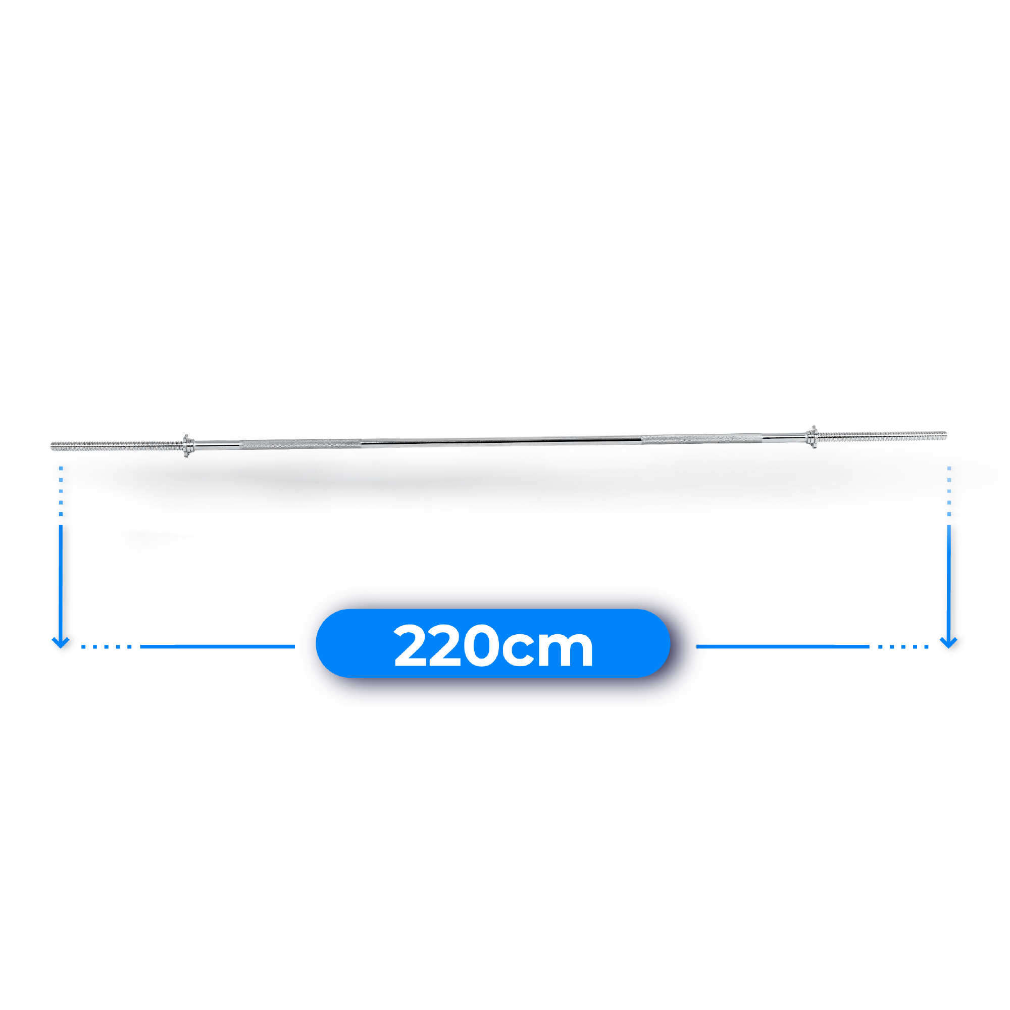 Sztanga o długości 220 cm na białym tle. Strzałki i niebieski prostokąt wskazują długość.