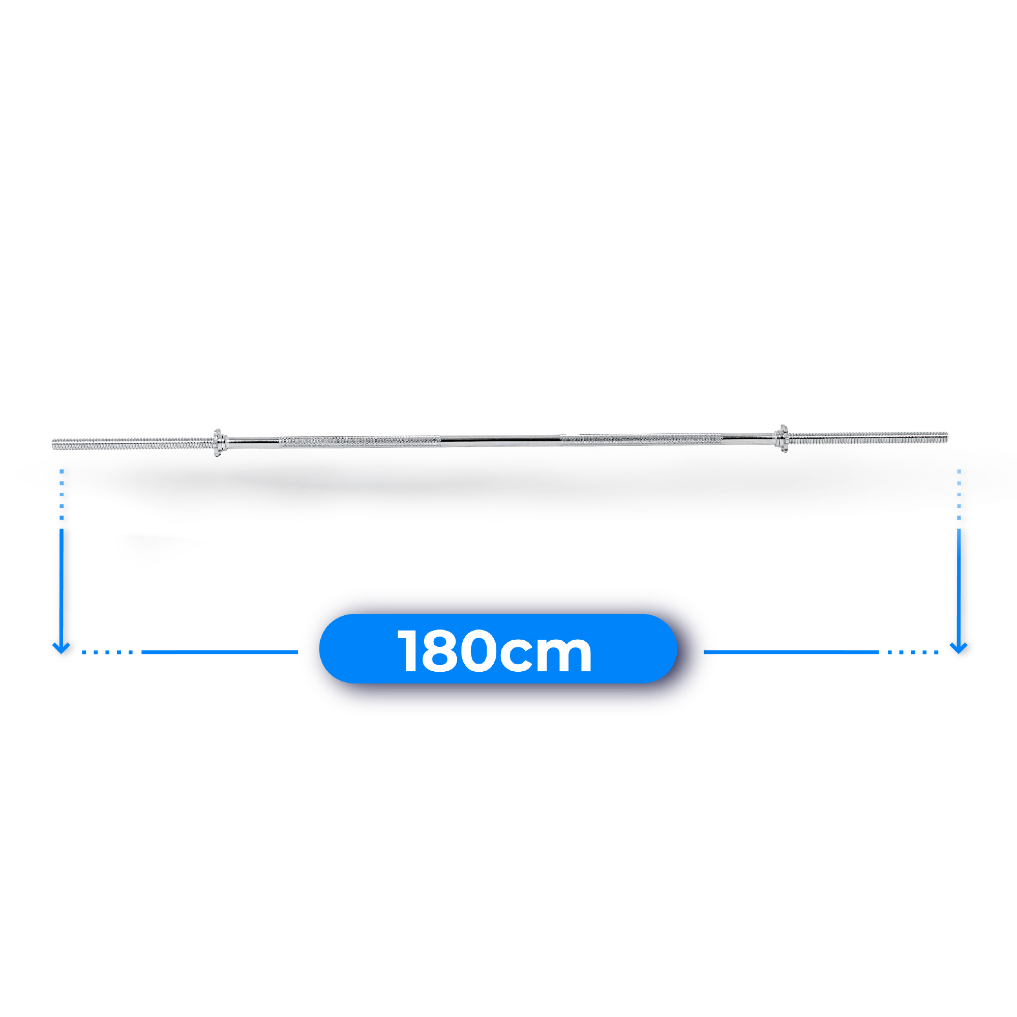 Srebrna sztanga o długości 180 cm, z niebieskimi strzałkami wskazującymi wymiar. Tło jest białe.