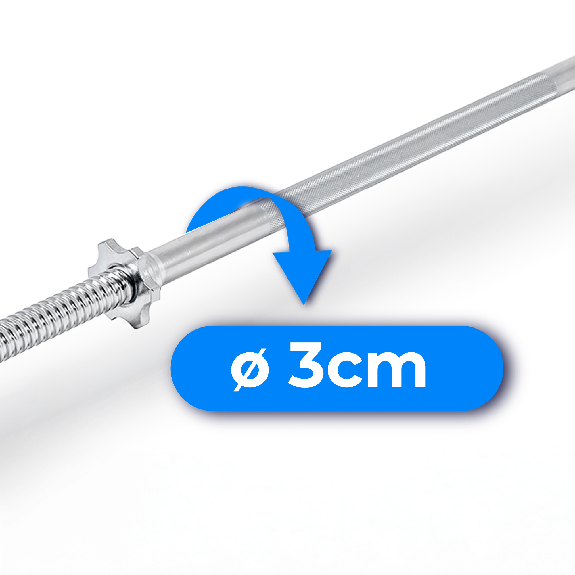 Srebrny sztanga pokazana po przekątnej. Niebieska strzałka wskazuje na niebieski owal z białym napisem "ø 3cm".