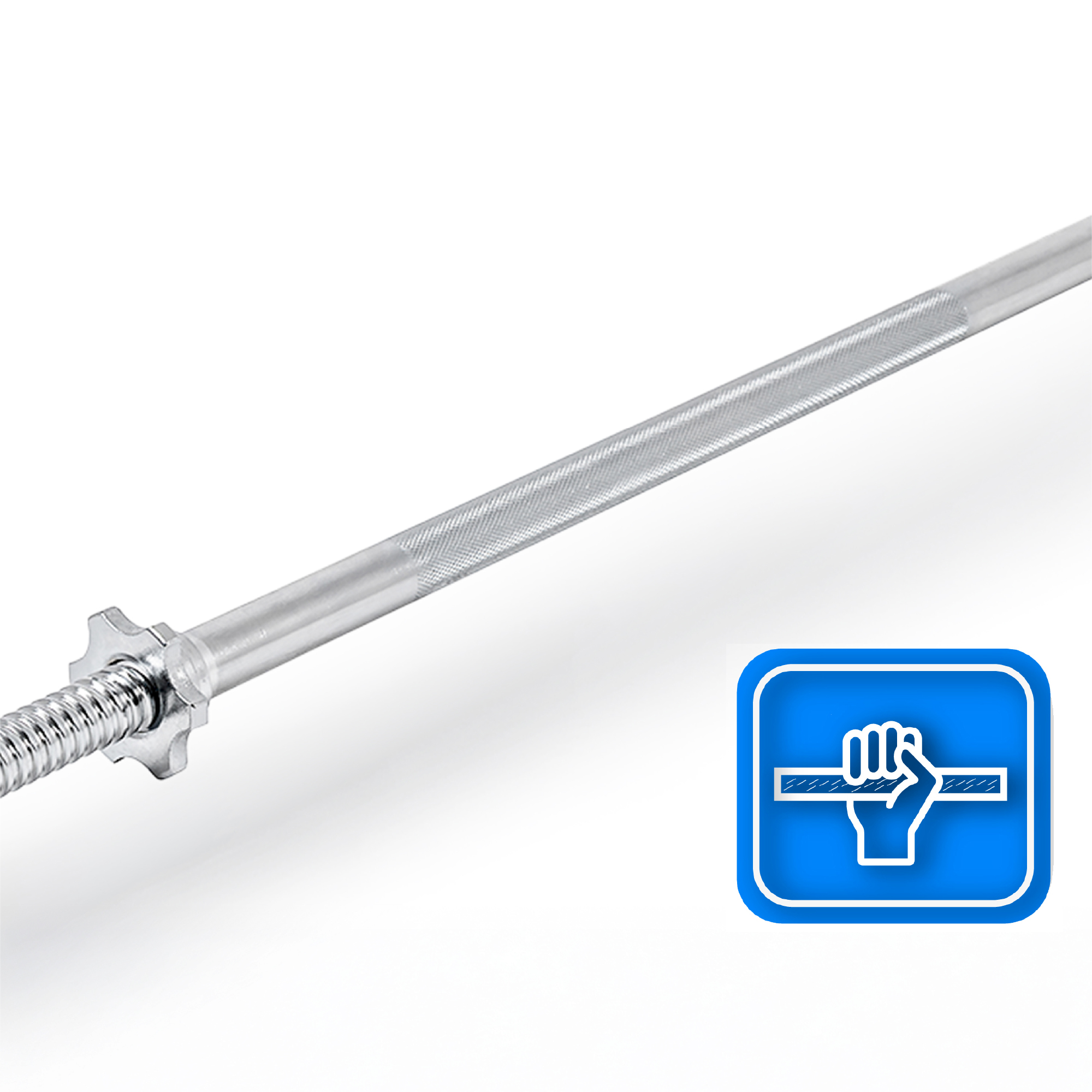 Chromowany sztanga leży po przekątnej. Niebieski znak pokazuje dłoń chwytającą drążek. Białe tło.