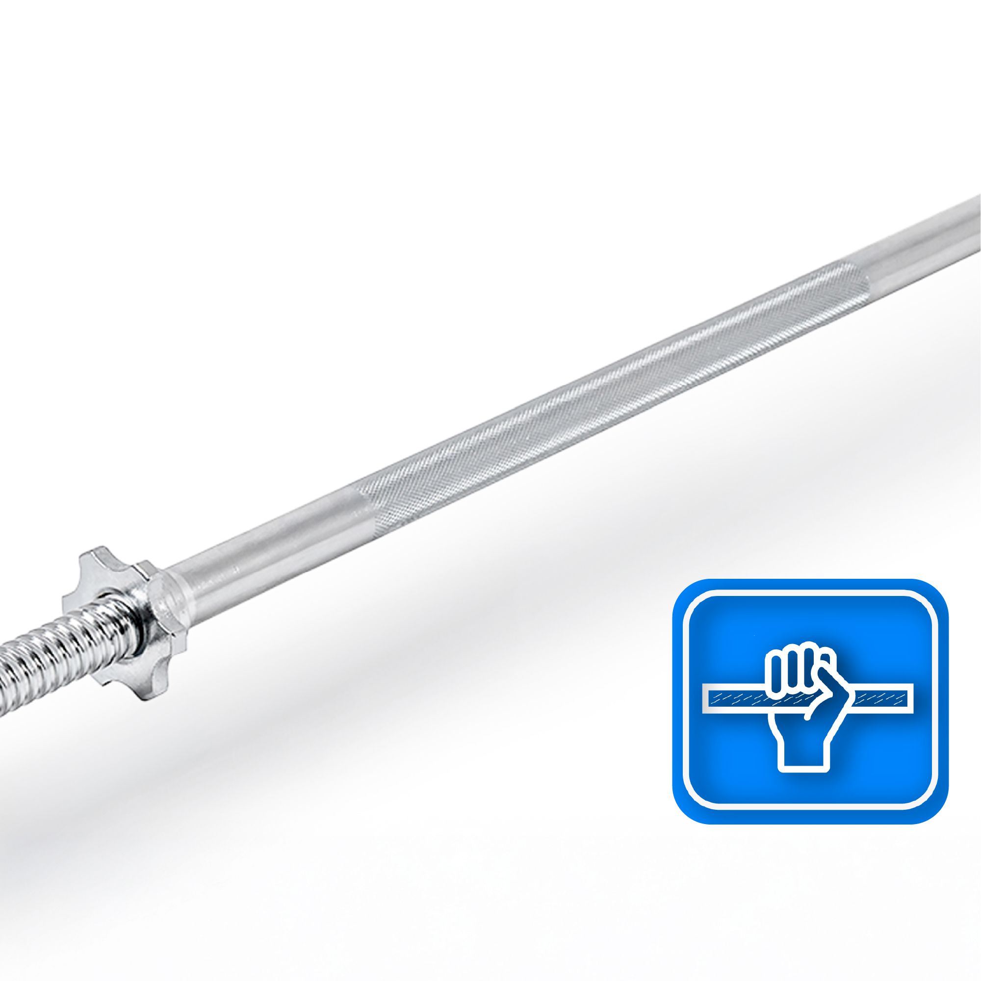 Srebrna sztanga z teksturowanym uchwytem. Niebieski znak pokazuje dłoń trzymającą sztangę.