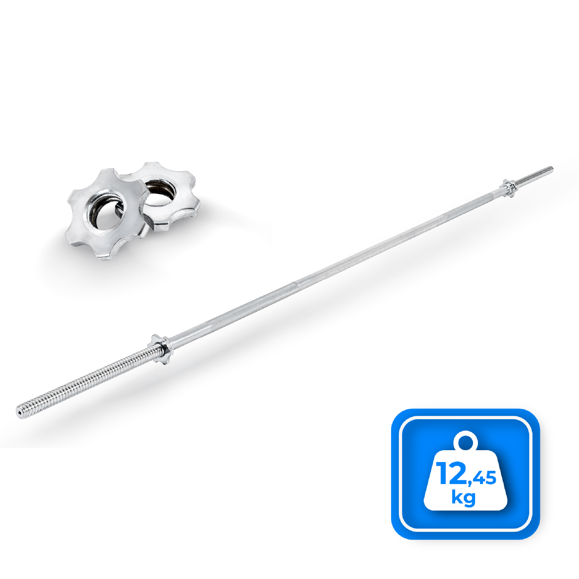 Srebrna sztanga z dwoma zapięciami w kształcie gwiazdy i ikoną wagi pokazującą 12,45 kg na białym tle.