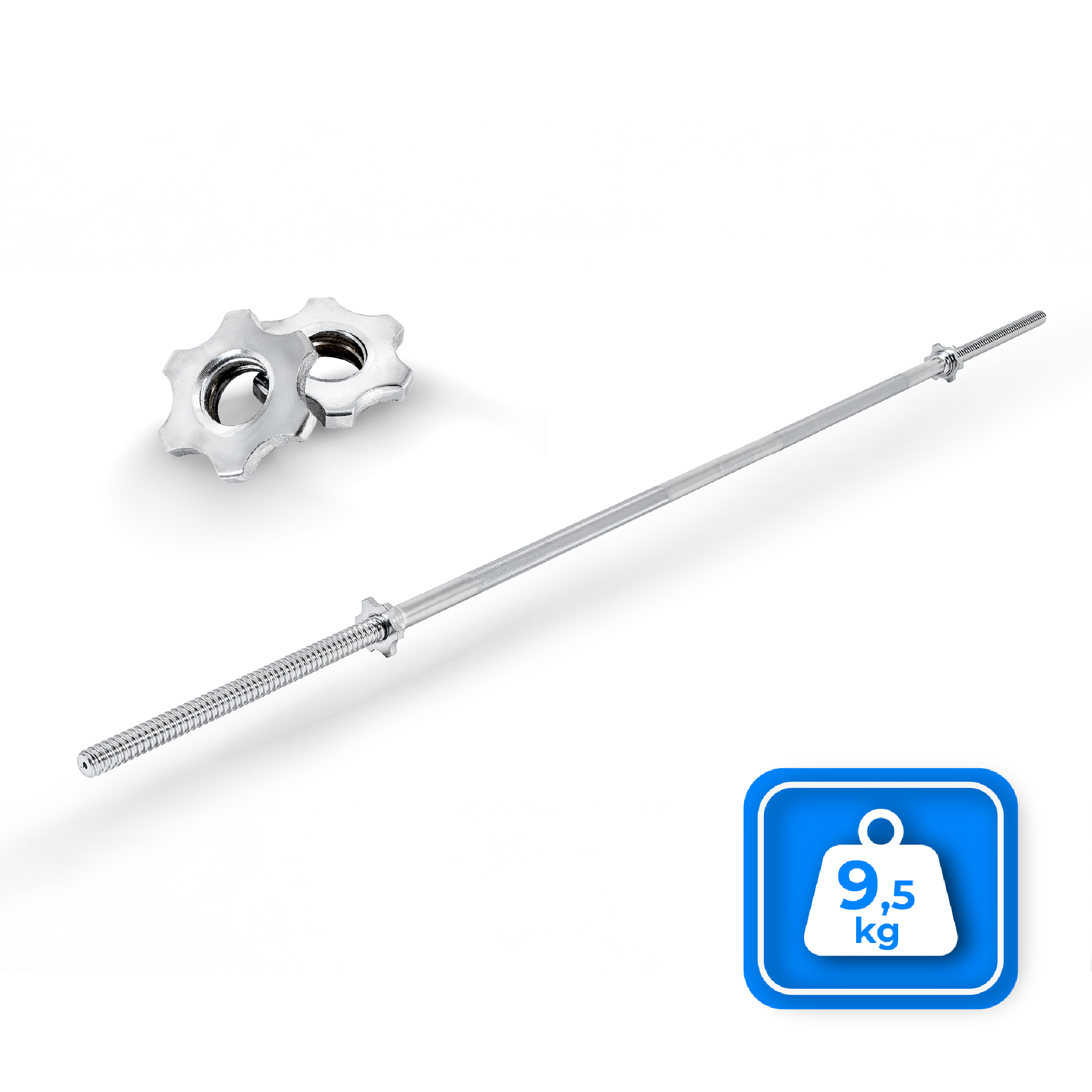 Chromowany sztanga z dwoma kołnierzami śrubowymi i wskaźnikiem wagi 9,5 kg. Tło jest białe.