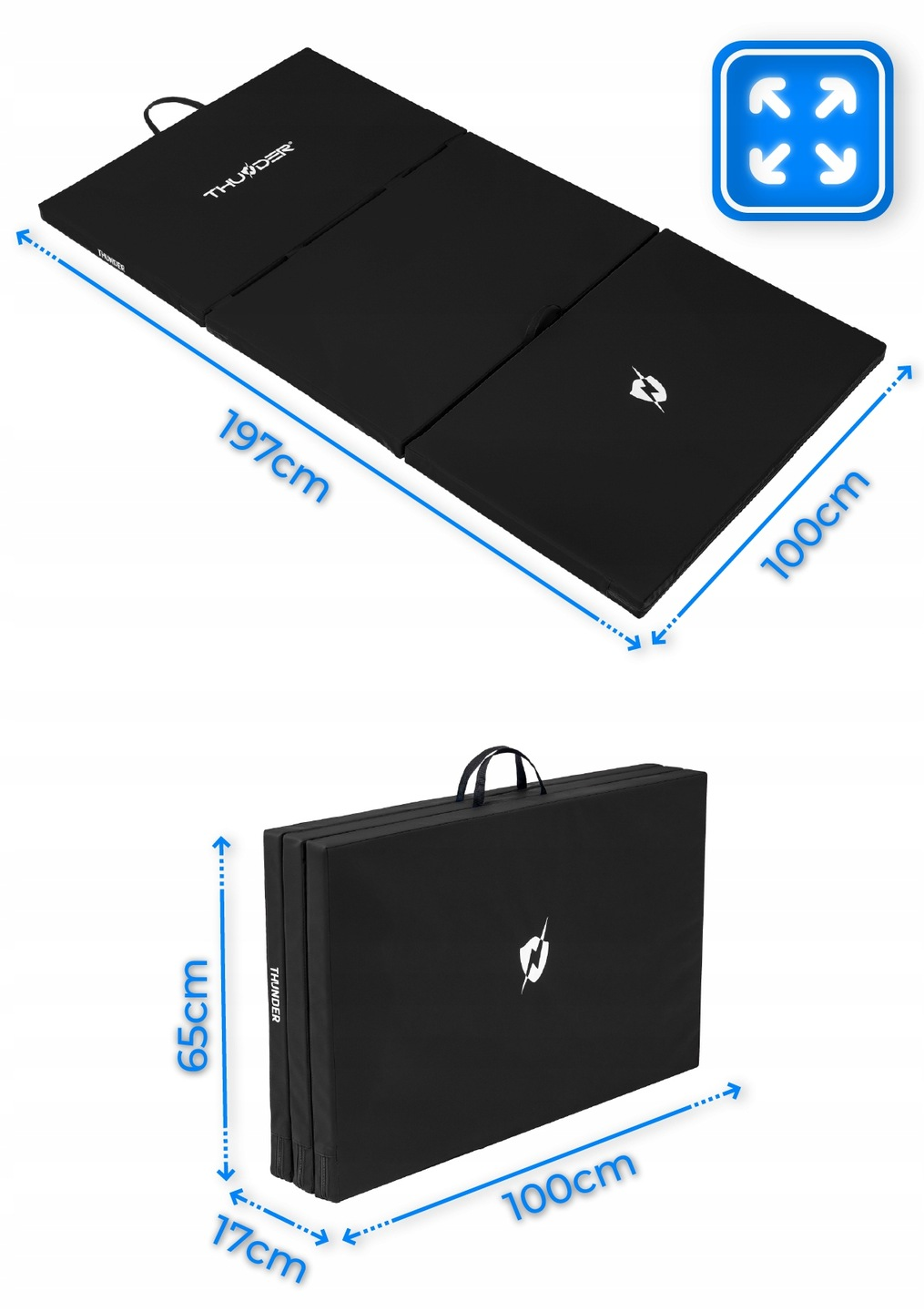 Czarna składana mata, rozłożona i złożona. Wymiary są pokazane. Widoczne również logo marki i uchwyt.