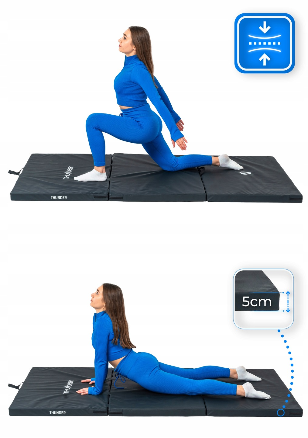 Kobieta w niebieskim stroju do ćwiczeń wykonuje jogę na czarnej macie. Zawiera diagramy pokazujące grubość i kompresję.