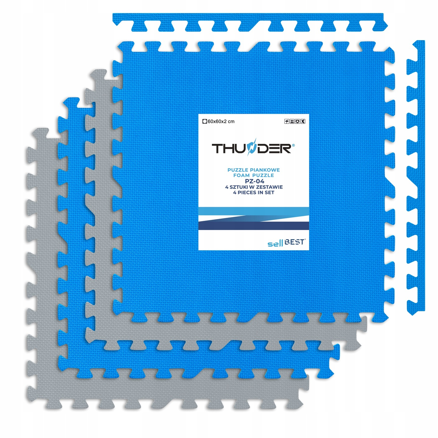 Niebieskie i szare maty piankowe. Etykieta mówi 'THUNDER' i 'FOAM PUZZLE PZ-04'. Maty są ze sobą połączone.