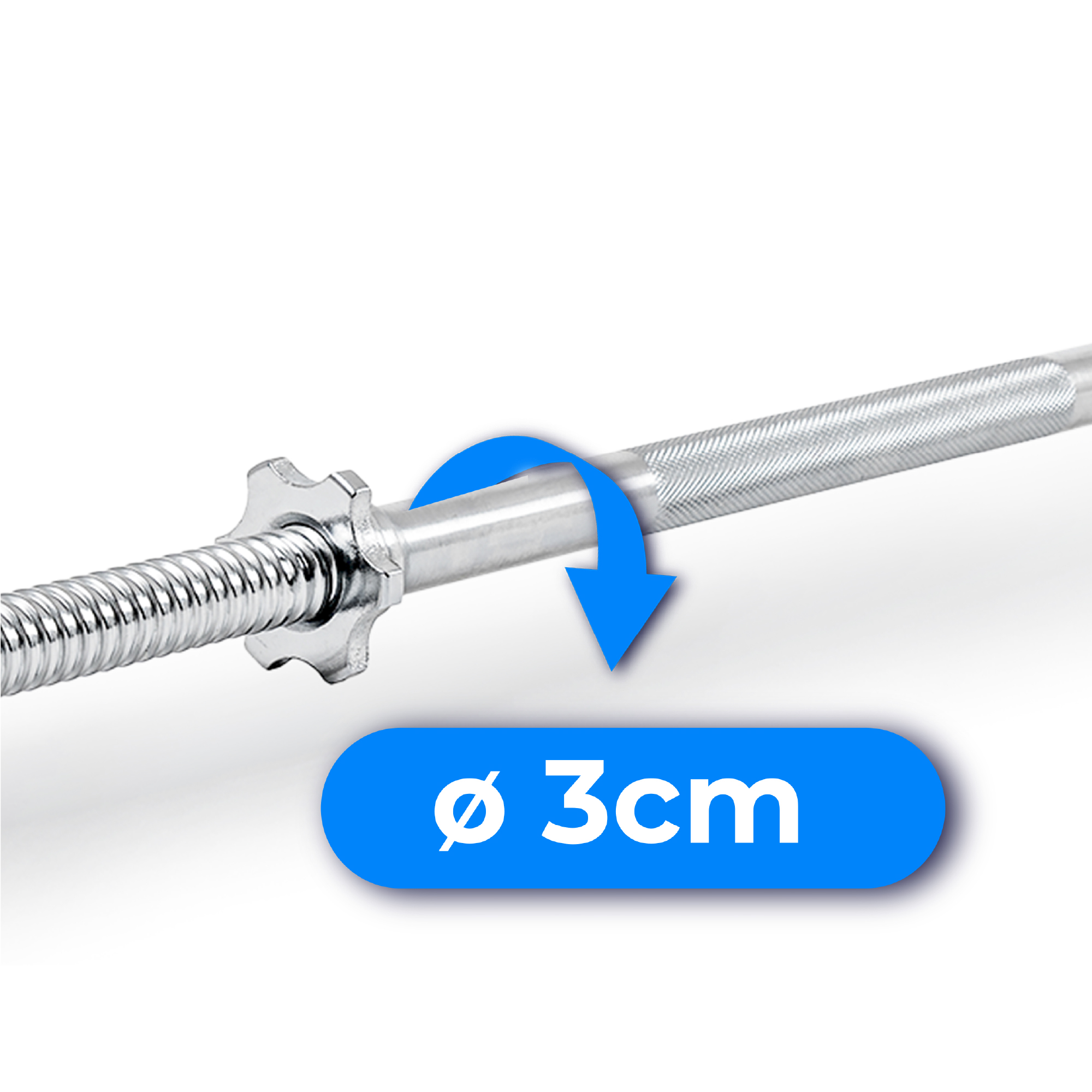 Srebrny sztanga z niebieską zakrzywioną strzałką i niebieskim owalem z białym tekstem "ø 3cm".
