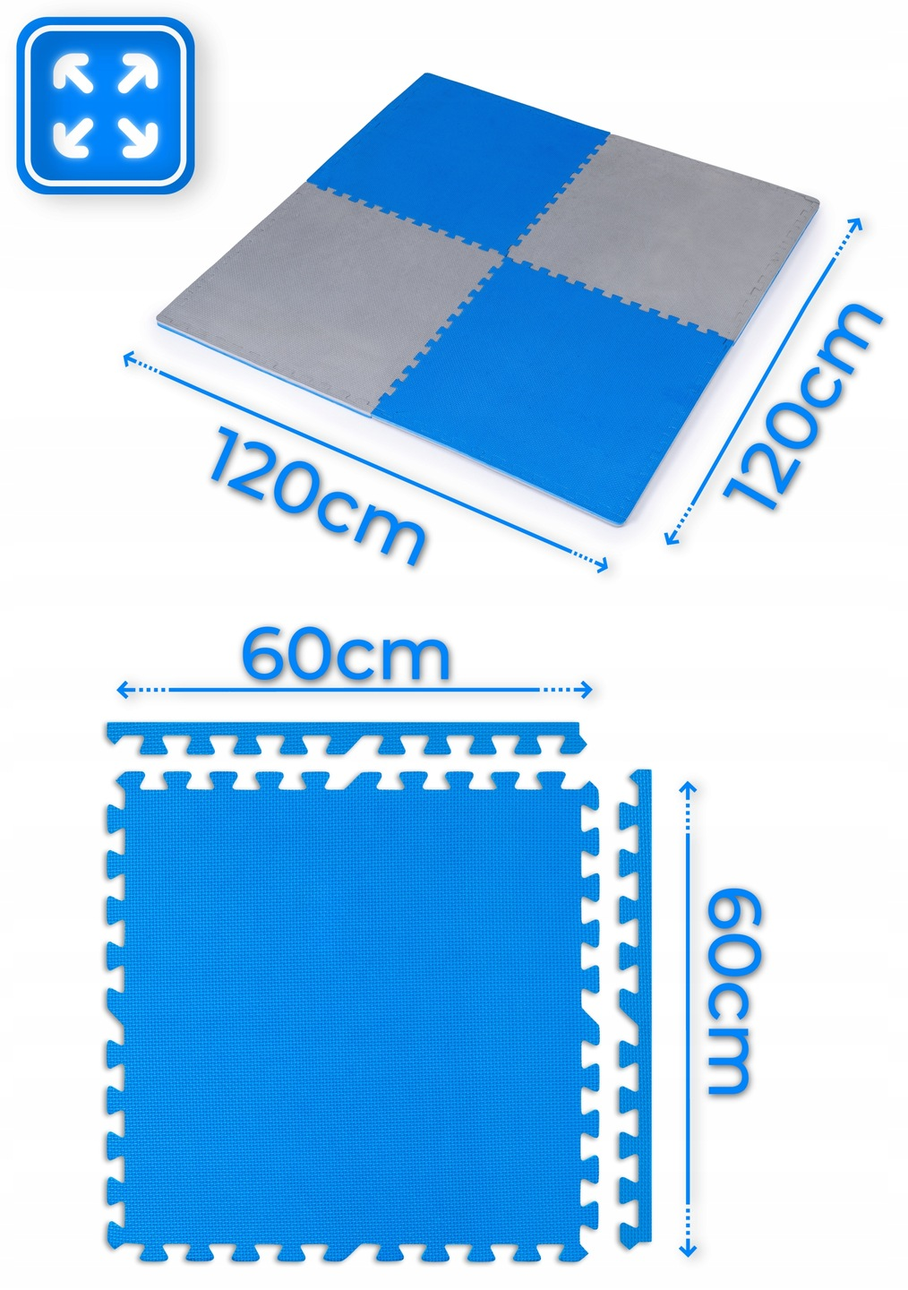 Obraz przedstawia zazębiające się maty piankowe do zabawy. Górna sekcja ma wymiary 120 cm x 120 cm, niebieskie i szare kwadraty.