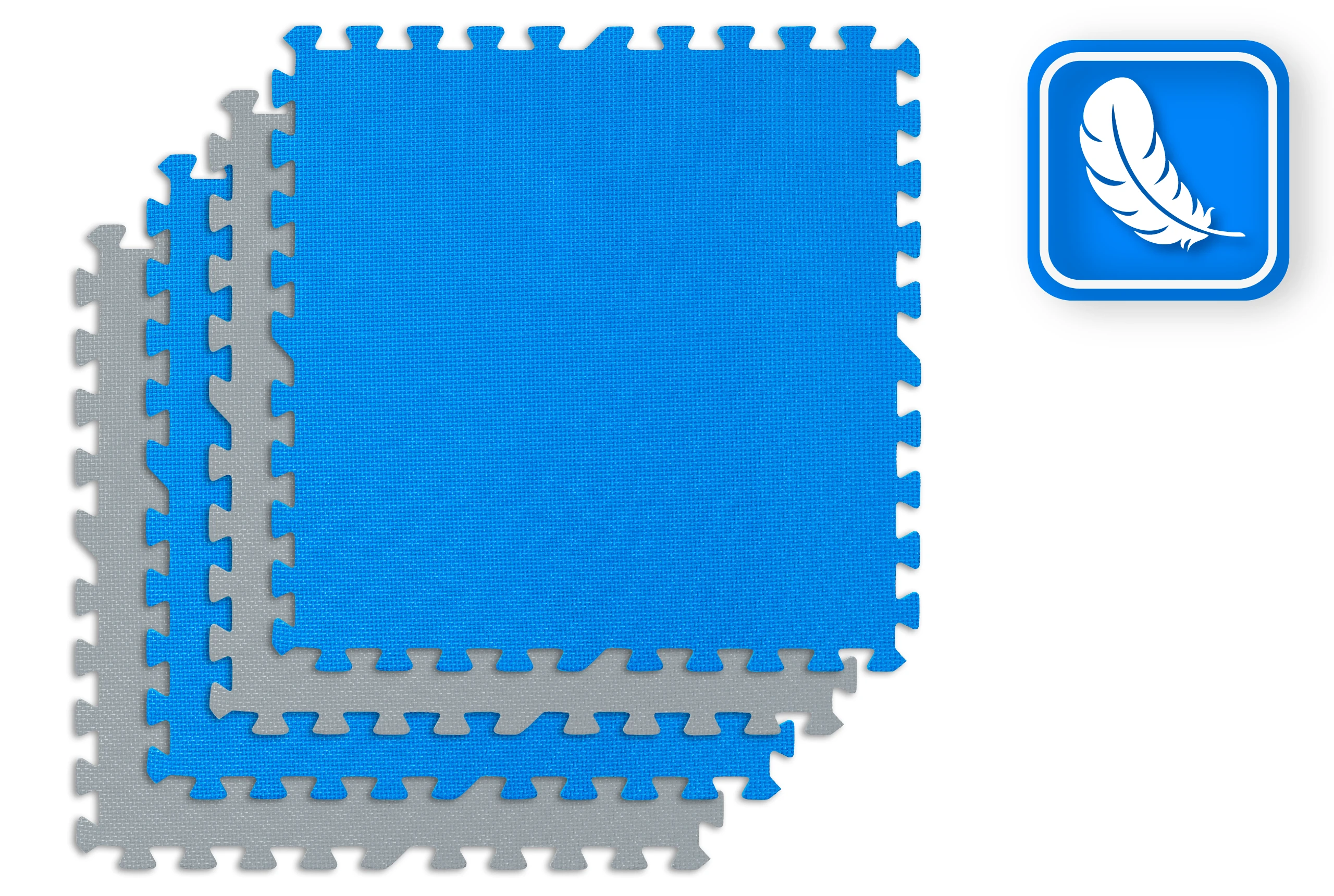 Blokujące się maty piankowe, niebieskie i szare, częściowo zmontowane. Niebieski kwadrat z ikoną pióra.