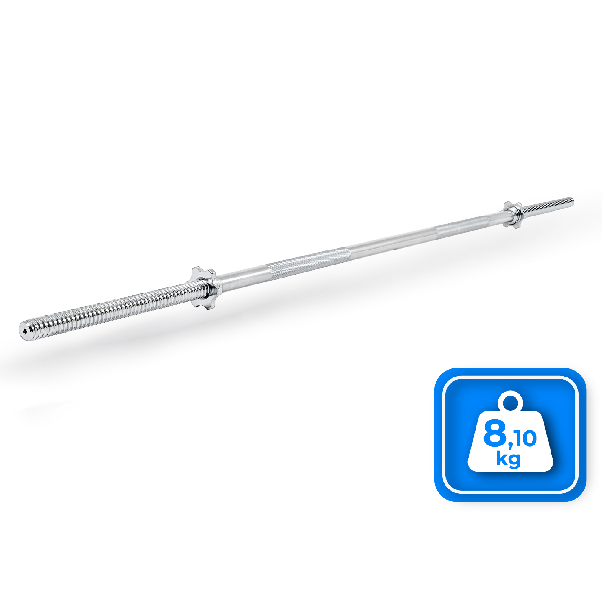 Srebrny sztanga na białym tle. Ma radełkowane uchwyty, gwintowane końce i ikonę wagi 8,10 kg.