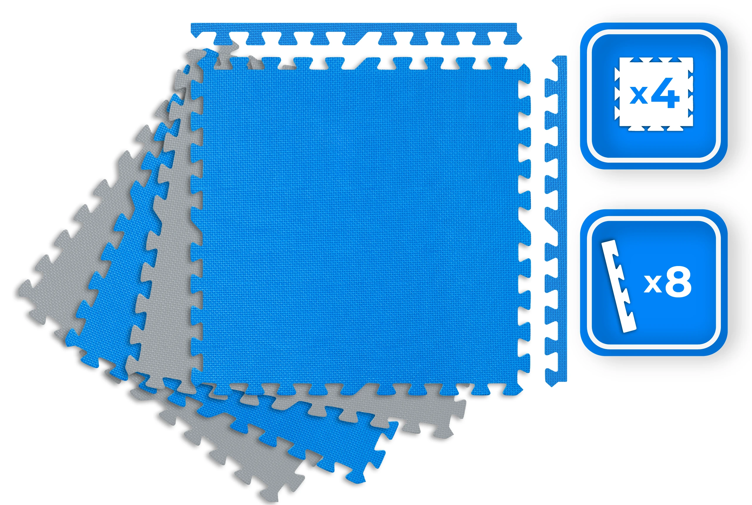 Niebieskie i szare, zazębiające się maty piankowe. Dwie niebieskie ikony pokazują ilość: x4 i x8. Białe tło.