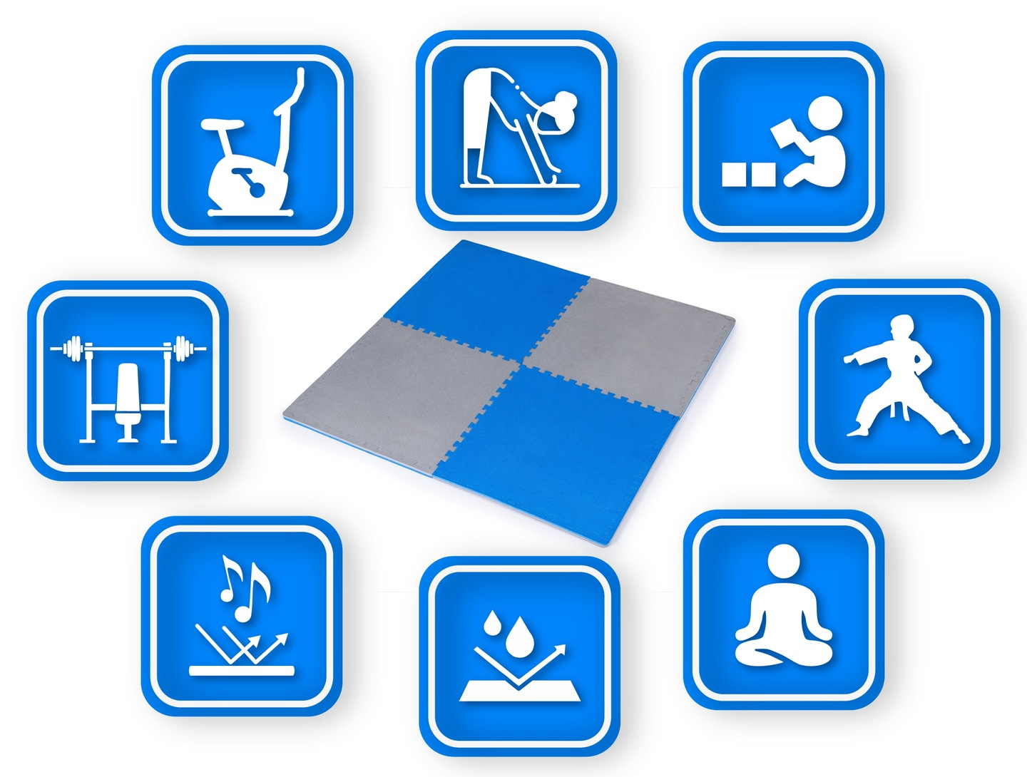 Niebieska i szara mata puzzle otoczona niebieskimi ikonami przedstawiającymi ćwiczenia, jogę i inne aktywności fitness.