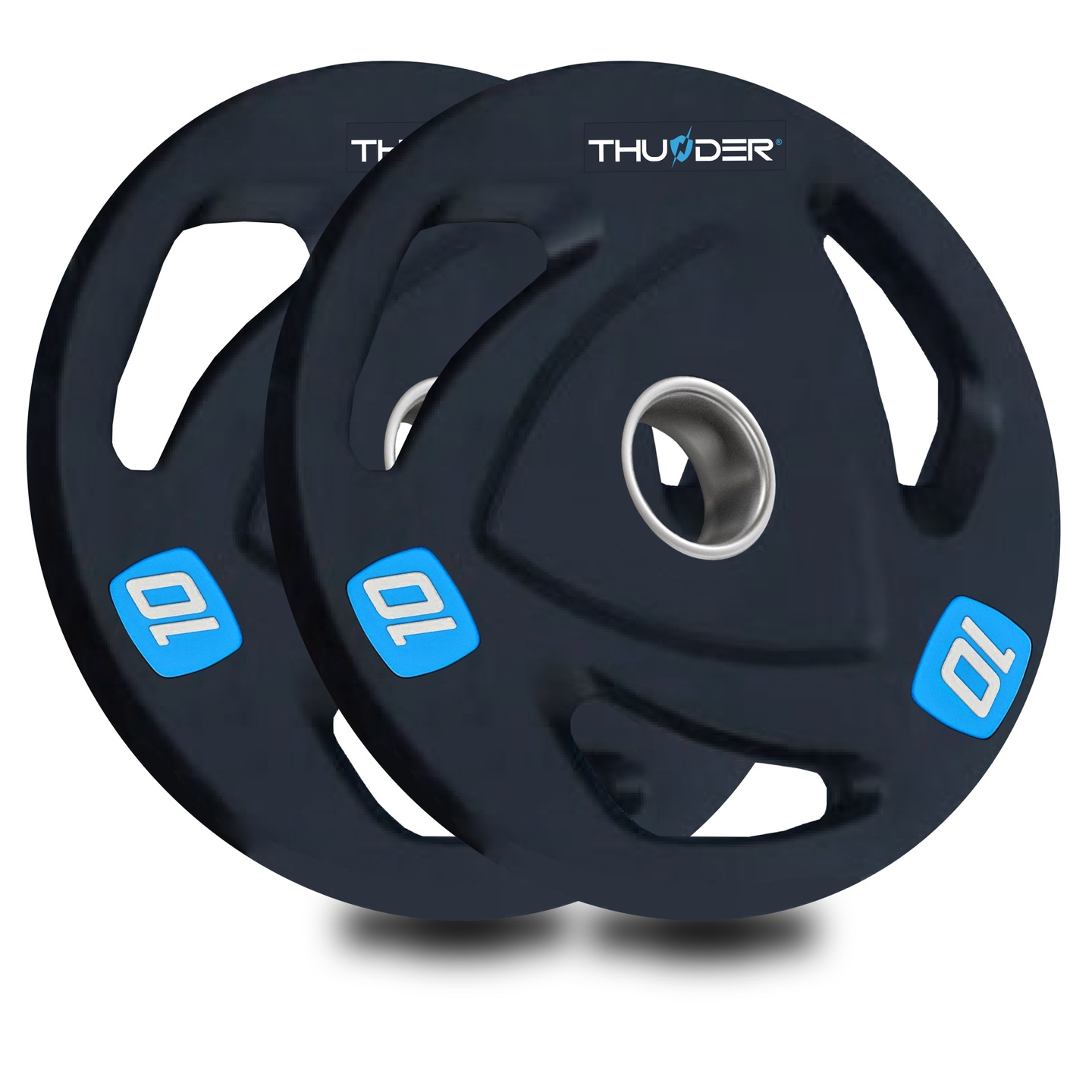 Dwa czarne talerze obciążeniowe z niebieskimi etykietami '10'. Talerze mają wycięte uchwyty i srebrny otwór centralny. Widoczna jest nazwa marki.