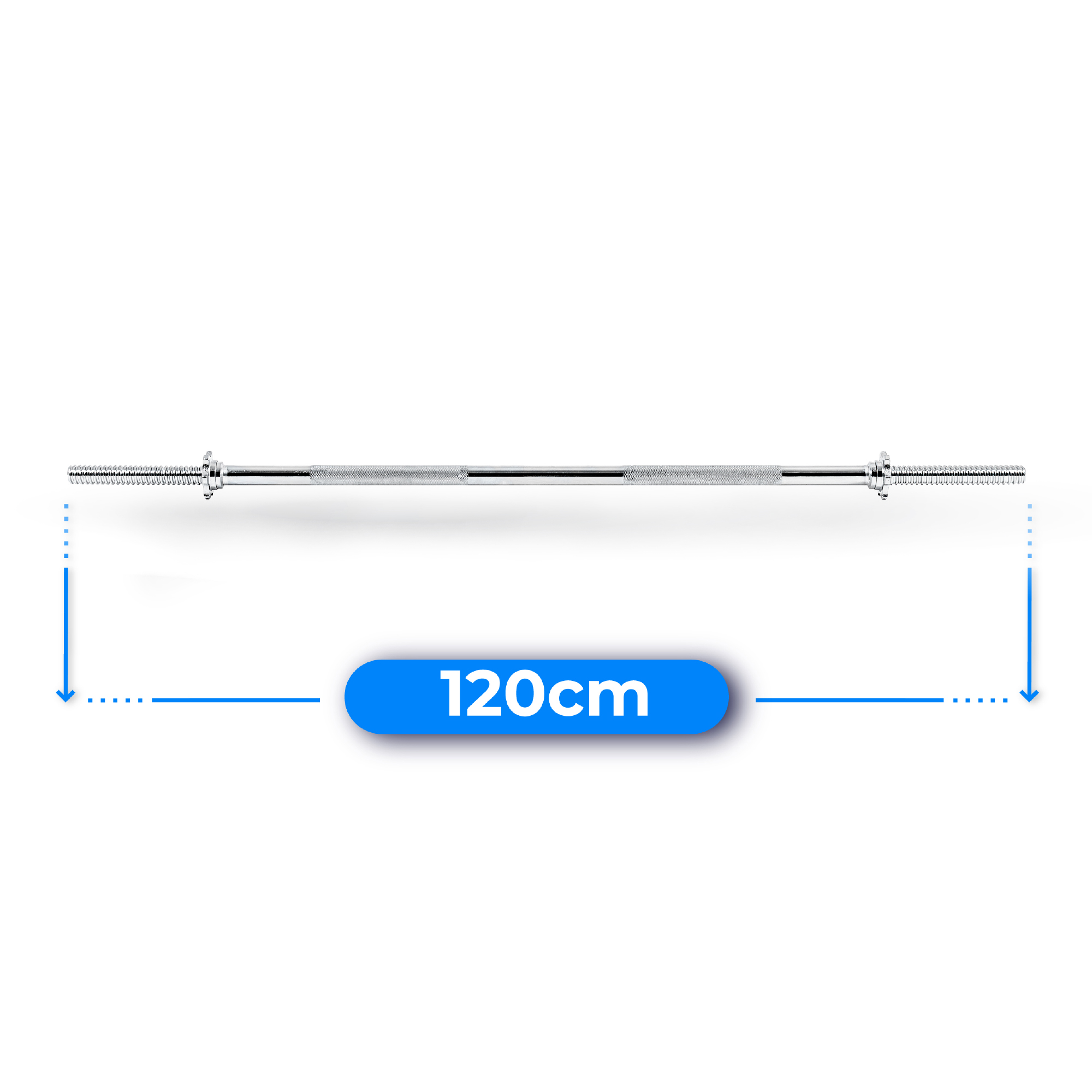 Pokazano sztangę o długości 120 cm. Niebieskie linie ze strzałkami wskazują długość. Tekst '120cm' jest w niebieskim owalu.