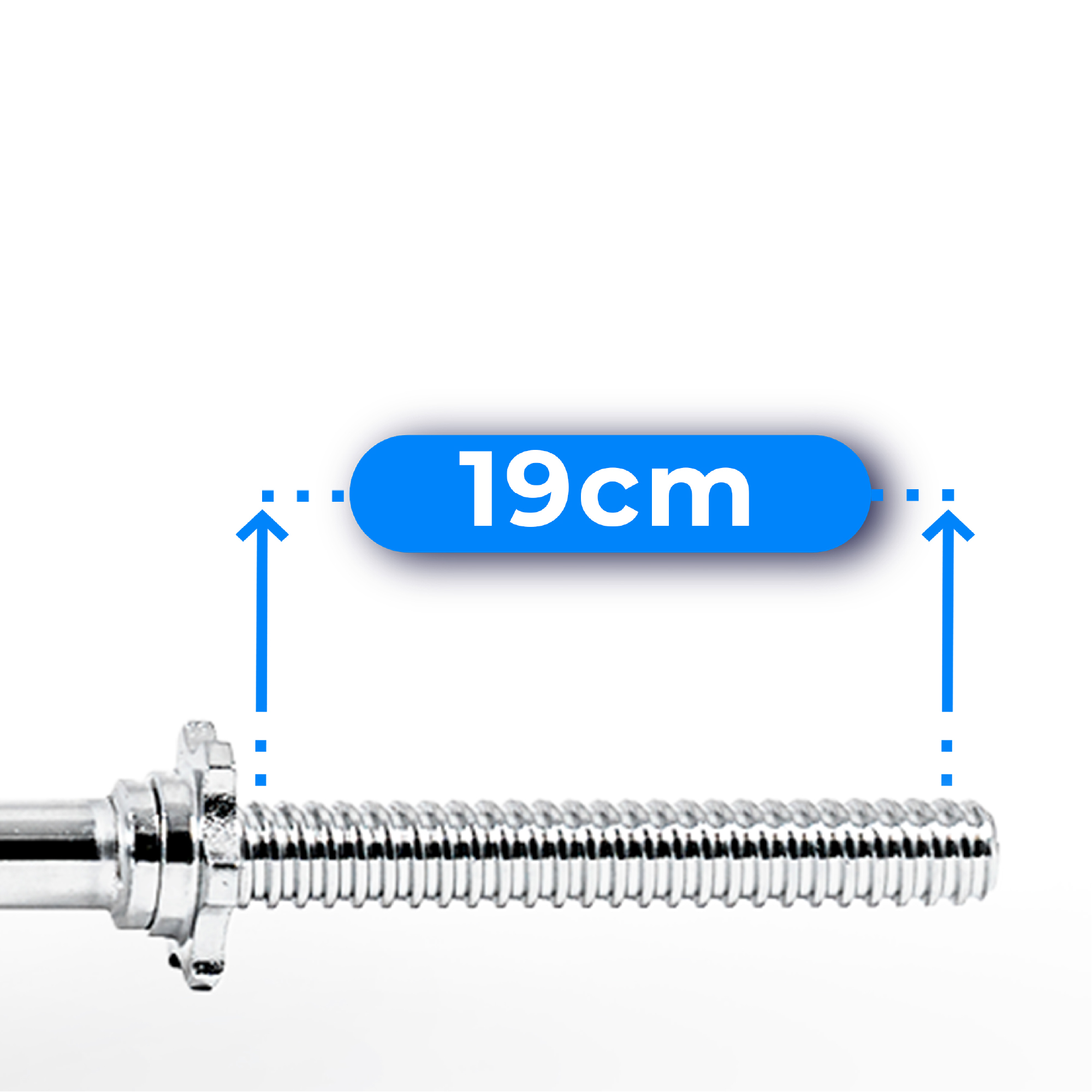 Chromowany drążek do ćwiczeń z niebieską etykietą wskazującą wymiar 19 cm. Strzałki pokazują zakres pomiaru.